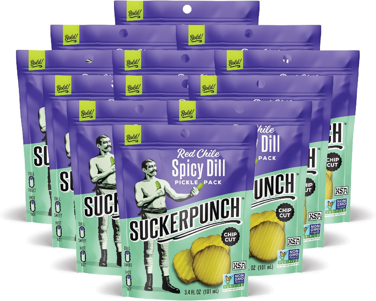 Red Chile Spicy Dill Pickle Chips, Hot, Spicy Gluten Free Pickles, Sugar Free, Low Calorie, Kosher, Fresh Pickle Chips, Non GMO, Keto Friendly, Vegan, 3.4 FL Oz, Snack Pouches (12 Pack)