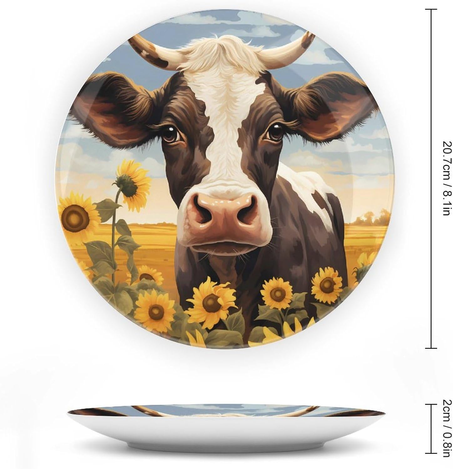 Farmhouse Cow Decorative Plate Round Ceramic China Plates with Display Stand for Home Wall Decor