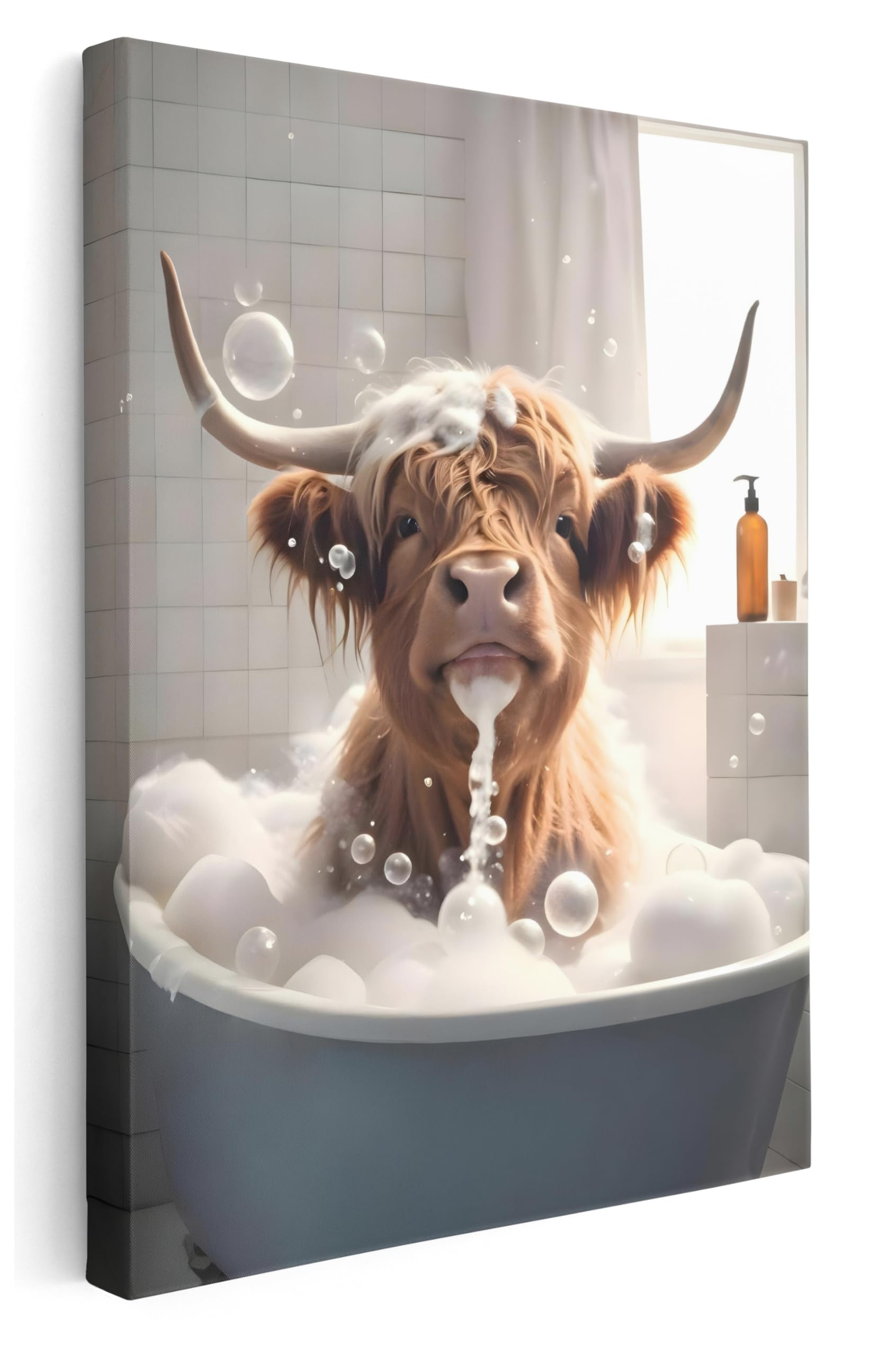 Pastello Highland Cow Bath Canvas Wall Art – Funny Bathroom Decor, Waterproof Framed Canvas Print, Bathing Animal Humor, Abstract Artwork for Bedroom & Kids' Room (102cm x 77cm / 40x30inch)