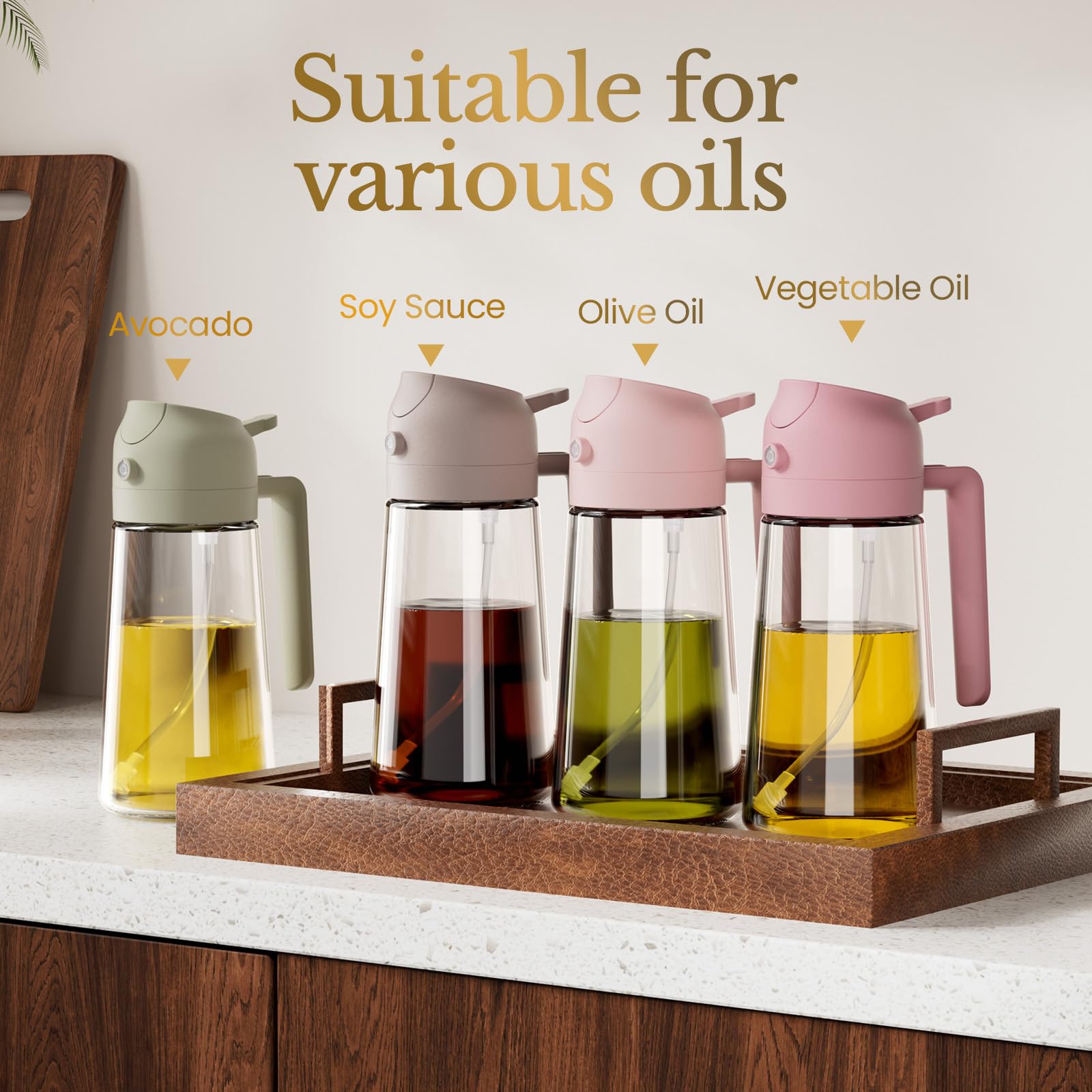 YARRAMATE 4er-Pack 16 oz Glas-Olivenölzerstäuber für Kochen, 2-in-1 Ölzerstäuber & Spenderflaschen-Set mit rosa Geschenkbox, Ölzerstäuberflasche für Heißluftfritteuse, Salat, BBQ – Küchenhelfer.
