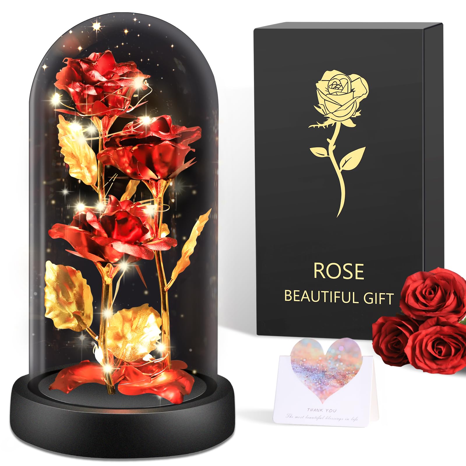 Ewige Rose Im Glas für Frauen, Die Schöne und das Biest Rosen, Rote Galaxie Blume mit LED Licht, Ewige Roses Dekoration für Schreibtische, Esstische(3 Rotgoldene Rosen-)