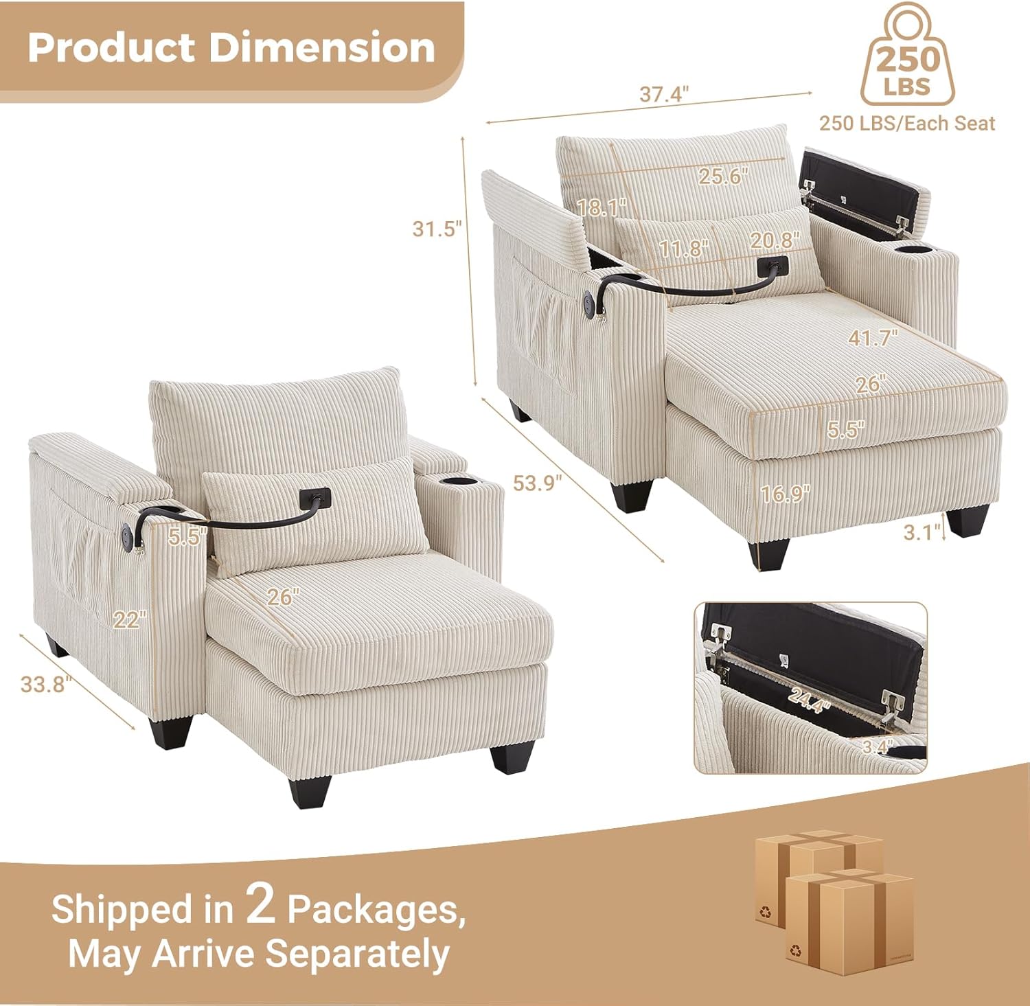 Chaise Lounge Chair Indoor-37.4" Convertible Chaise Lounge with USB and 2 Cup Holders,Corduroy Upholstered Sofa Chaise with Phone Holder and Storage Armrest, Single Sofa Couch for Living Room(Beige)