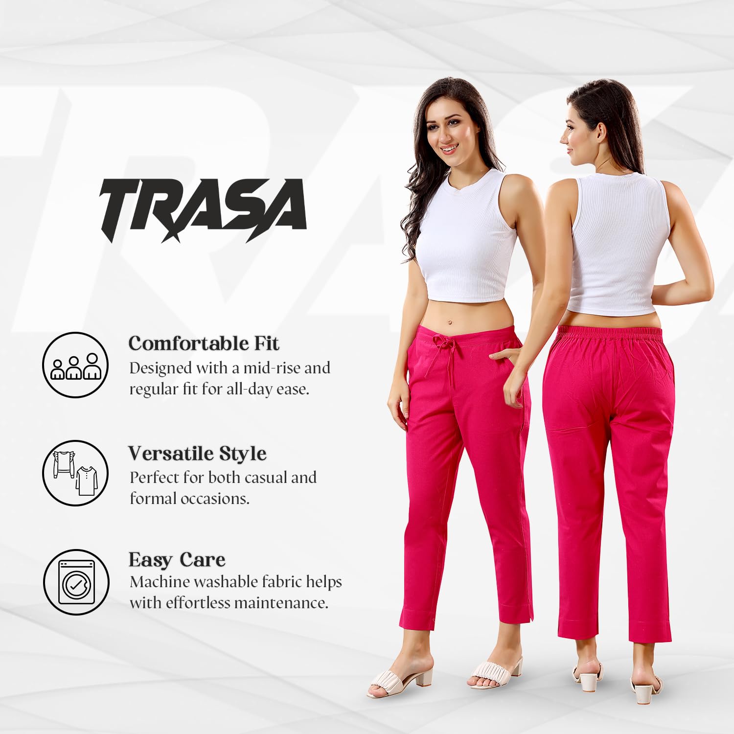 TRASA Ultra Soft Cotton Regular and Plus 8 Colour Cotton Pants for Womens and Girls, Pink - 5XL - Image 2 thumbnail