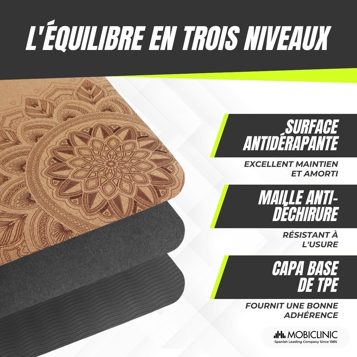 Mobiclinic®, Tapis de yoga liège naturel, Antidérapant, Sac transport, Antimicrobien, 4mm d'épaisseur, 100% TPE recyclable, 183x61cm, Mandala design, Ey-02, Pilates, Fitness