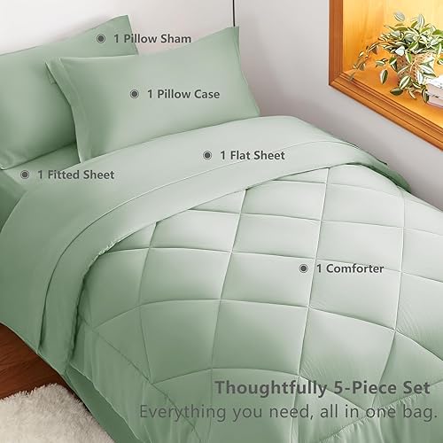 Miniatura 3 de CozyLux Juego de edredón individual con sábanas de 5 piezas, ropa de cama en una bolsa, color verde salvia, para todas las estaciones, con edredón,