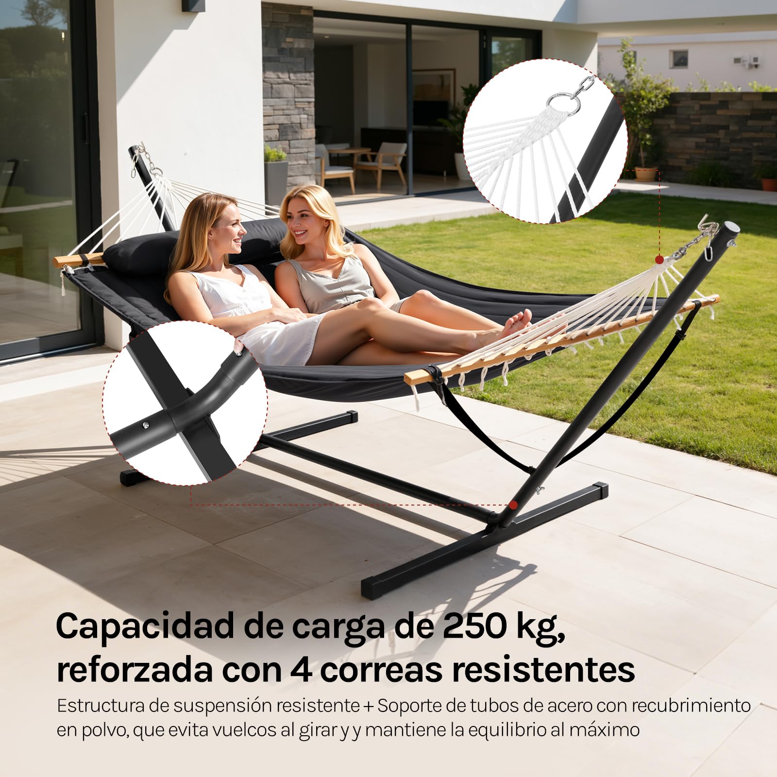 WOLTU Hamaca 2 Personas con Soporte de Metal, Hamaca Columpio para Jardín Exterior, Capacidad 250 kg, con Reposacabezas y Bolsa de Transporte, Antracita