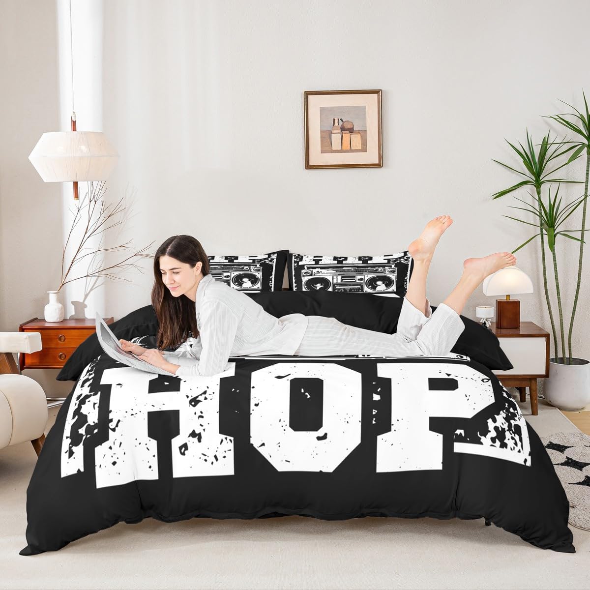 Erosebridal Hip Hop Duvet Cover, Teens Retro Radio Music Comforter Cover, Hipster Rock Bedding Set King Size for Kids Boys Girls, Studio Vintage Style Quilt Cover with 2 Pillow Cases, Black White