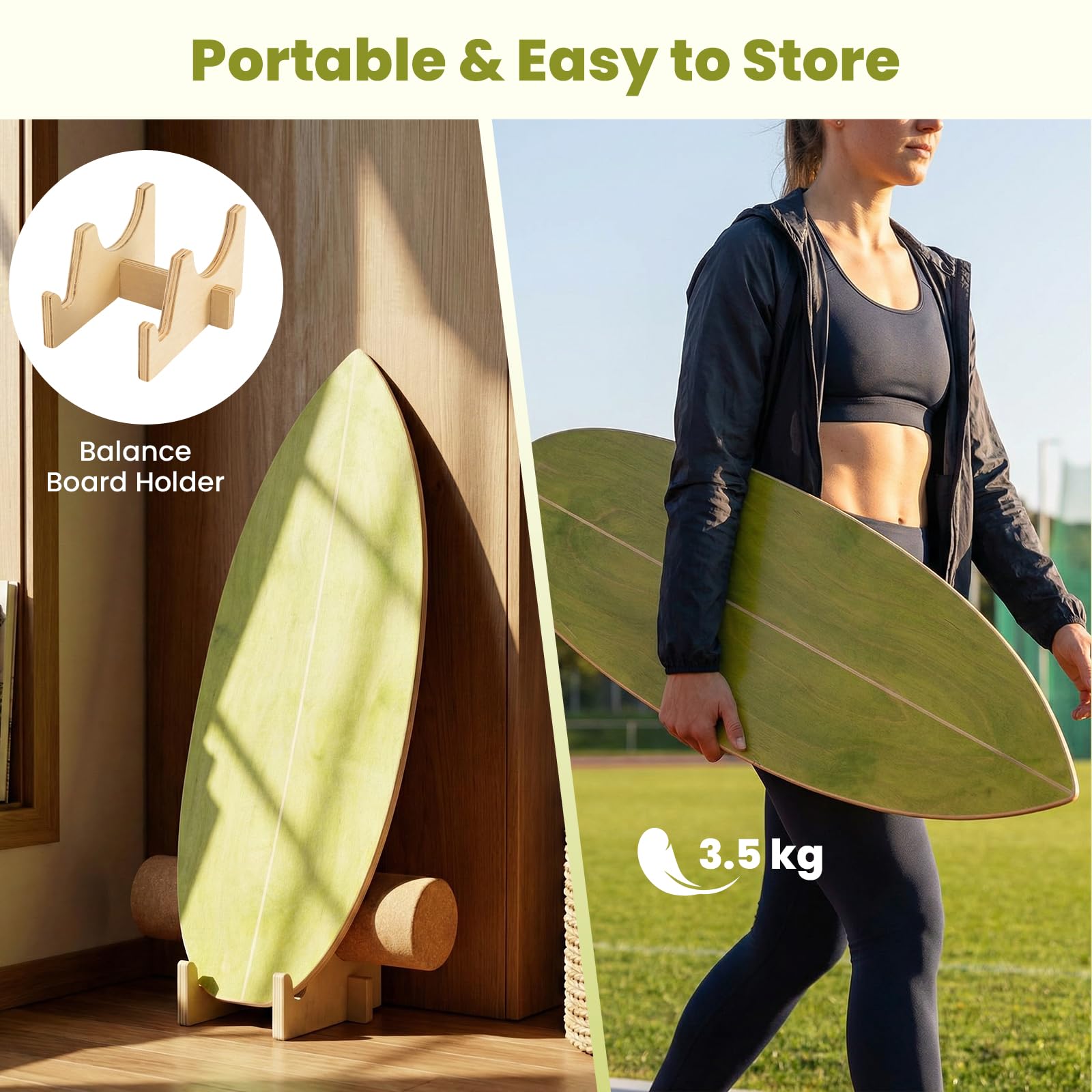 FANTASK Surf Balance Board, Gleichgewichtstrainer mit Korkrolle & Halterung, FSC-Zertifiziert, Stabilitätstrainer aus Birkenholz, Balanceboard bis 150 kg Belastbar, Surfboard Indoor für Erwachsene