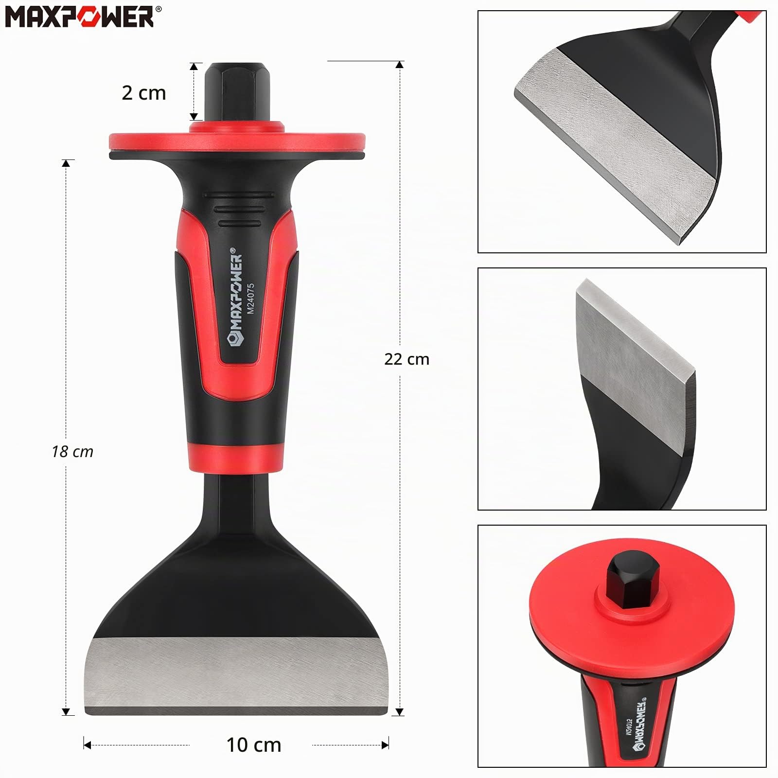 MAXPOWER Burin 3 Pièces Professionnel - Burin de Maçon Plat 300mm et 220mm, ciseau à froid de 300 mm - Poignée Bi Matière pour Plus de Confort - Protège Main