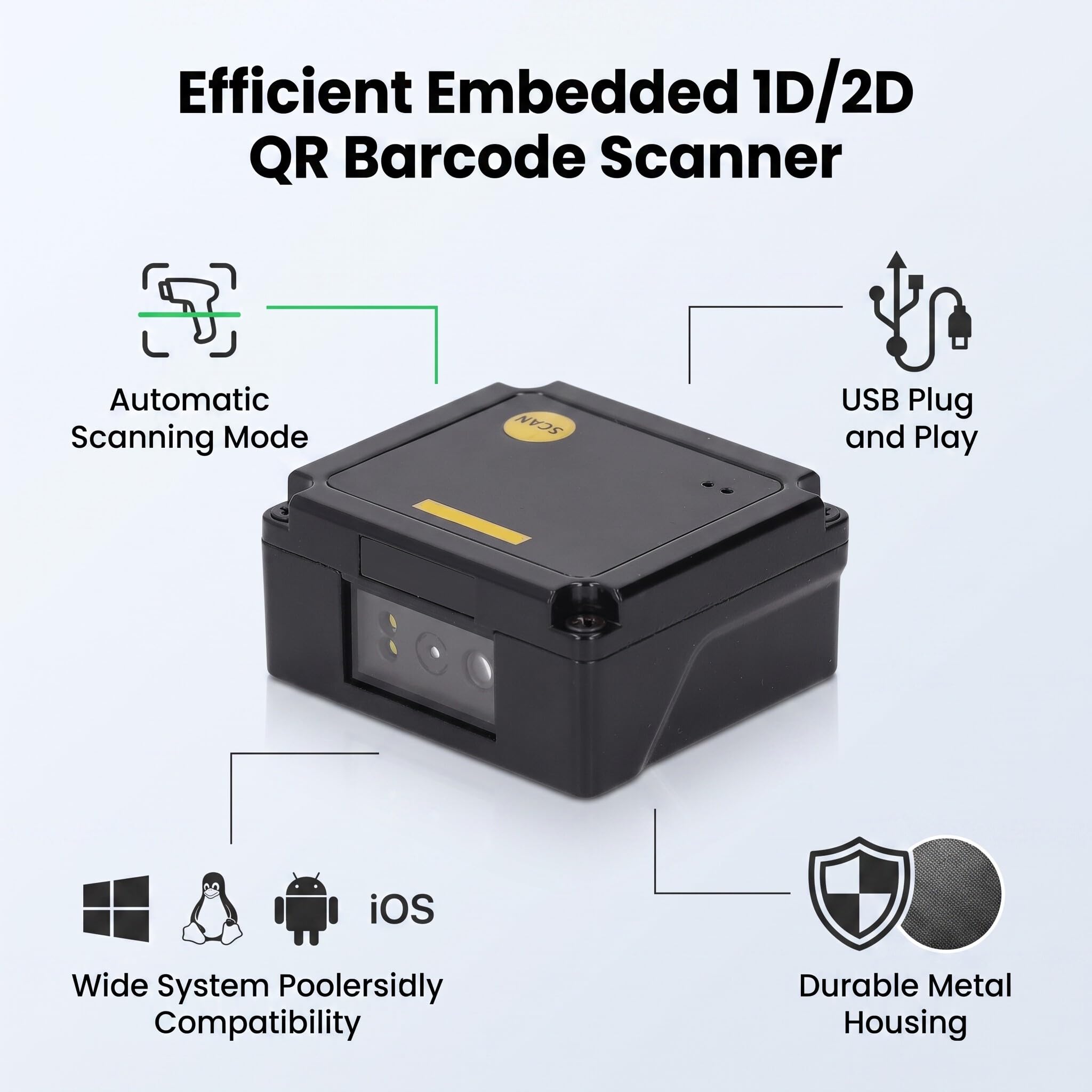 Escáner de Código de Barras de Montaje Fijo Integrado, Escáner de Código de Barras de Montaje Fijo Lector de Código QR 1D 2D EP2000 con Escaneo Automático, USB, Escáneres de