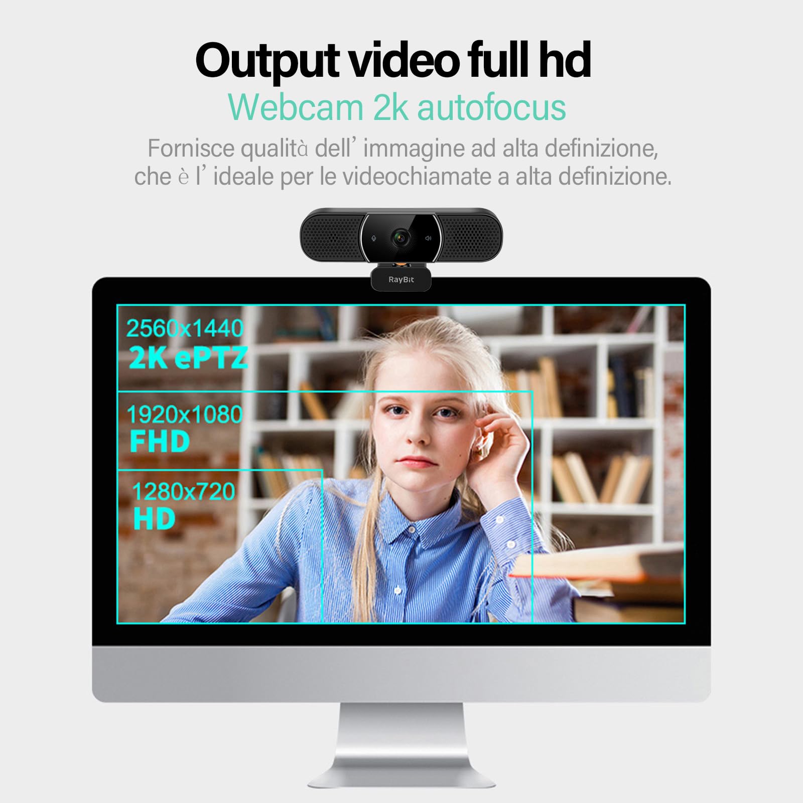 3 in 1 Webcam - 2K HD USB C Webcam con Microfono, Altoparlante e Copertura Privacy, Correzione di Luce, Autofocus Web Cam per PC/Laptop/Desktop/Zoom/Skype/Teams/Videochiamate Conferenze