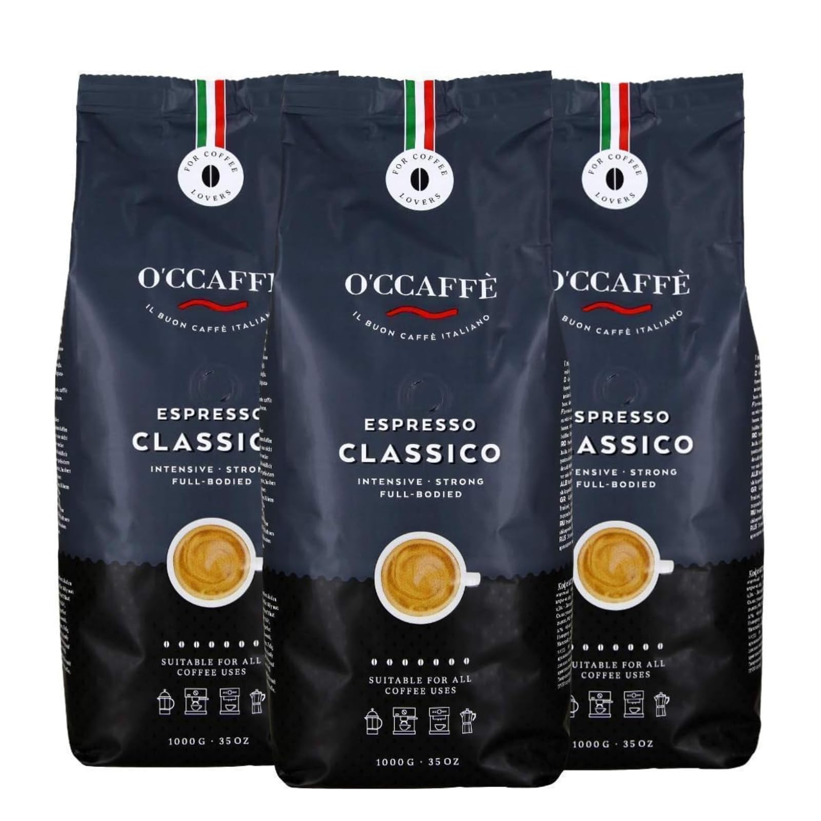 Espresso Classico O'CCaffe 3 x 1 kg de granos de café enteros | café fuerte e intenso con un ligero toque de avellana | Calidad barista de una empresa familiar italiana