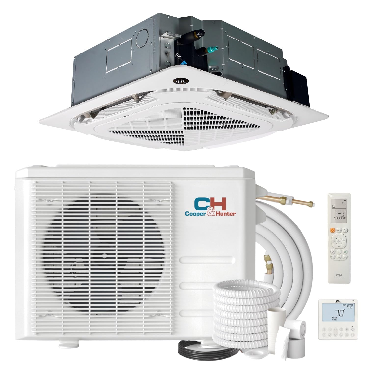 Cooper & Hunter 18,000 BTU Ceiling Cassette Ductless Mini Split AC/Heating System with Heat Pump Wall Thermostat and Installation Kit