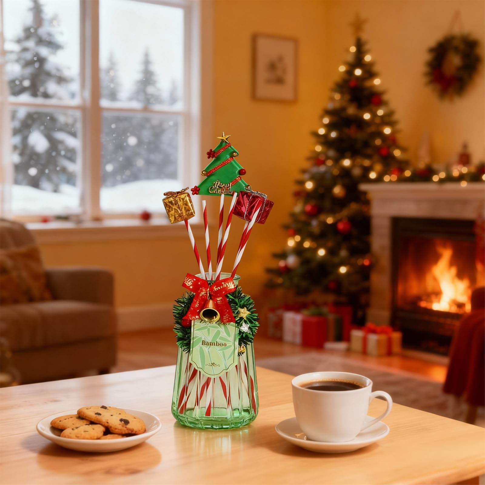 DIUFJAG 2 x 180 ml – Cedar/Bambù Cedro Bamboo Christmas Profumato per Ambienti con 12 Bastoncini,Natale Diffusore di Profumo per Camera da Letto,Ufficio,Bagno,Scaffale
