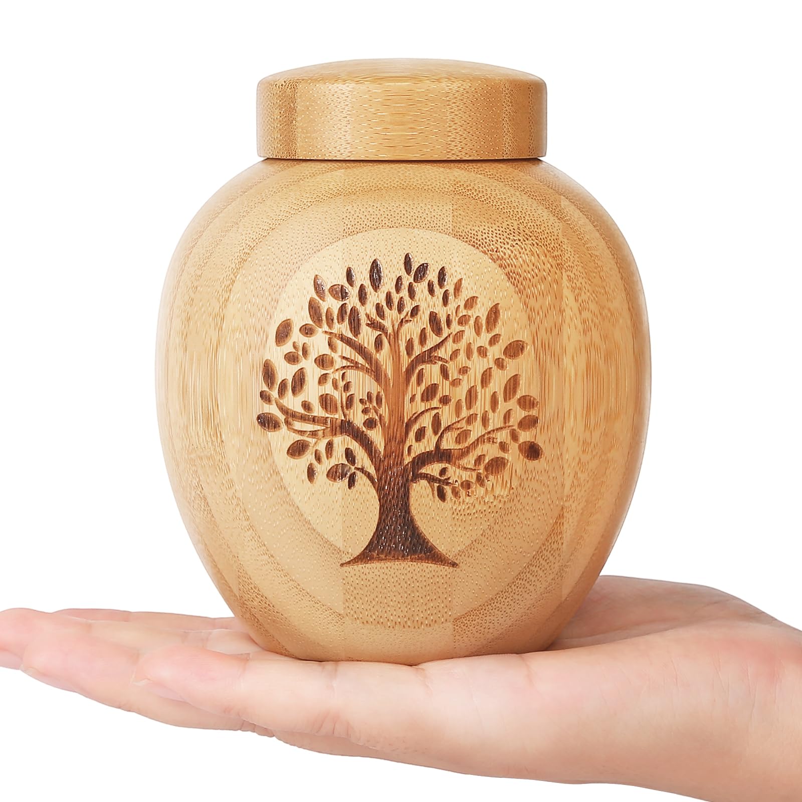 Small Urns for Human Ashes Keepsake,Memorial Cremation Urns for Human Pet Ashes with Tree of Life Pattern Engraved,Bamboo Urns for Human Ashes Adult Male Female,Hold Up to 48 Cubic Inches