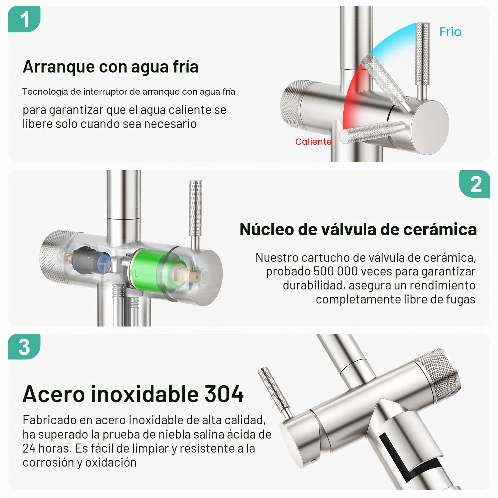 Faustina Grifo de cocina de 3 vías con ducha extensible acero inoxidable