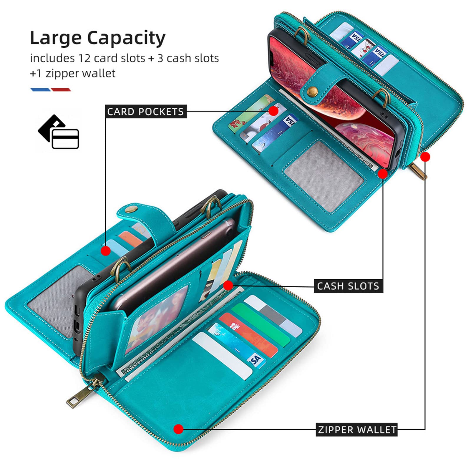Etui do iPhone 14 / 14 Pro / 14 Plus / 14 Pro Max, z klapką, zamek błyskawiczny, etui na telefon komórkowy, przegródka na karty, magnetyczne, odporne na zarysowania, niebieskie, 35,5 cm (6,1")