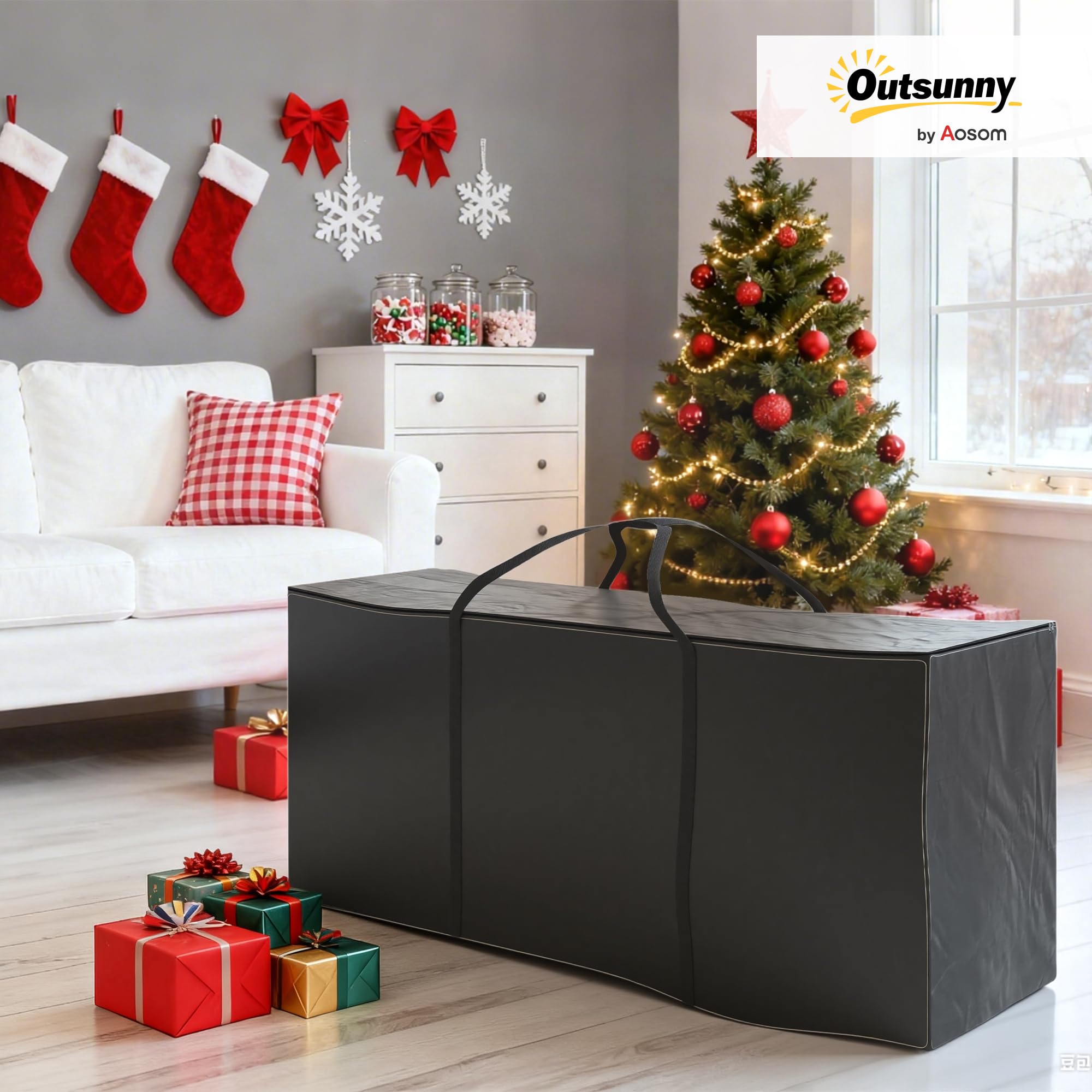 Outsunny Borsa per Cuscini da Giardino, Borsa per Albero di Natale da 720L Impermeabile, Custodia Portaoggetti da Giardino Pieghevole in Tessuto Oxford 600D con Doppia Cerniera e Maniglie, Nero