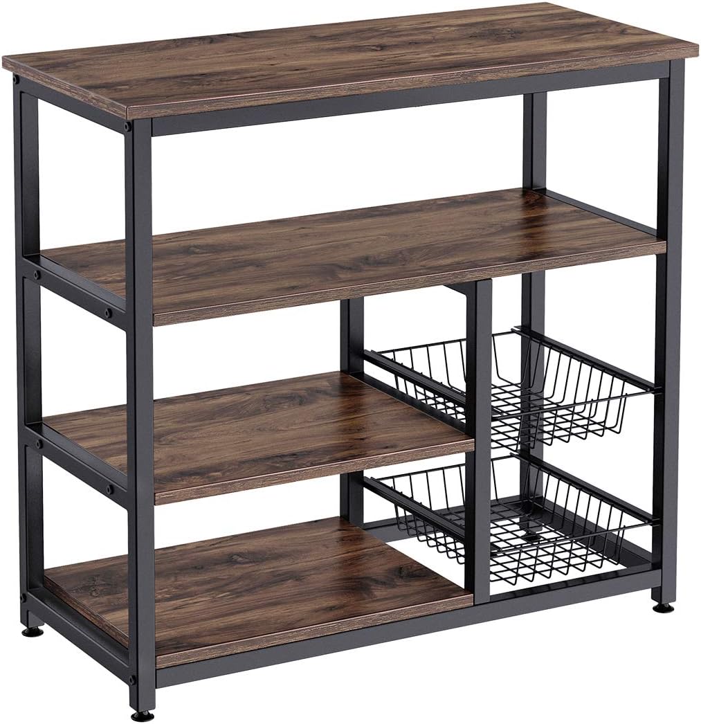 Homemaxs Kitchen Baker’s Rack, 4 Tier+ 4 Tier Microwave Storage Stand with 2 Slide-Out Mesh Baskets, Vintage Utility Shelf for Spices, Pots, and Pans Organizer Workstation - Rustic Brown: Kitchen & Dining