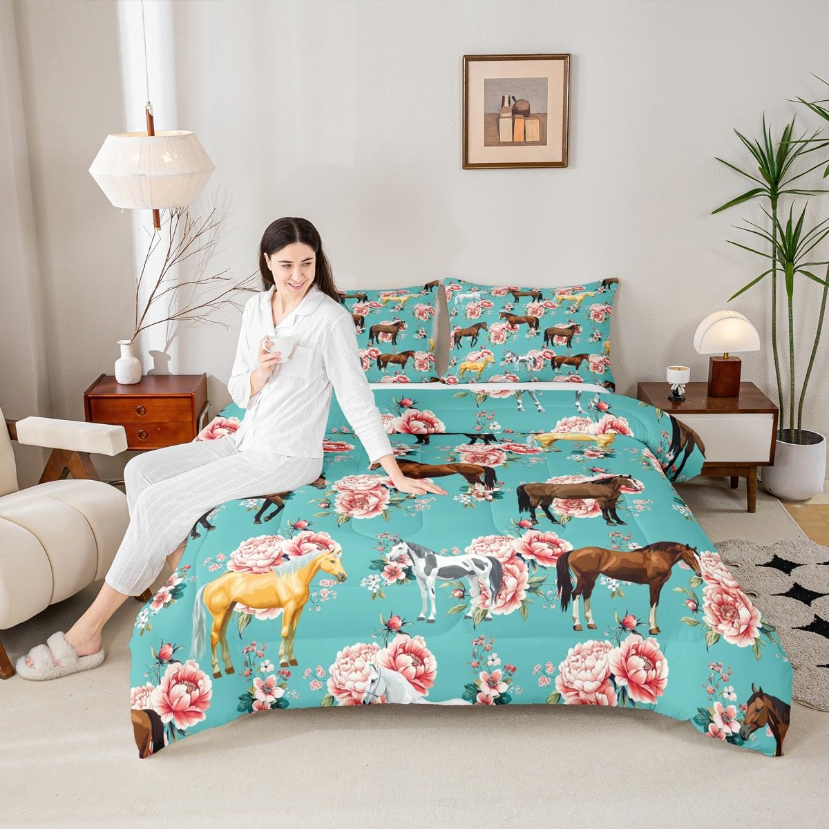 Erosebridal Juego de edredón de caballo para niñas, juego de ropa de cama de flores rosas para niños, edredón de plumón de caballo galopante, juego de edredón para mujeres, vaqueras vaqueras