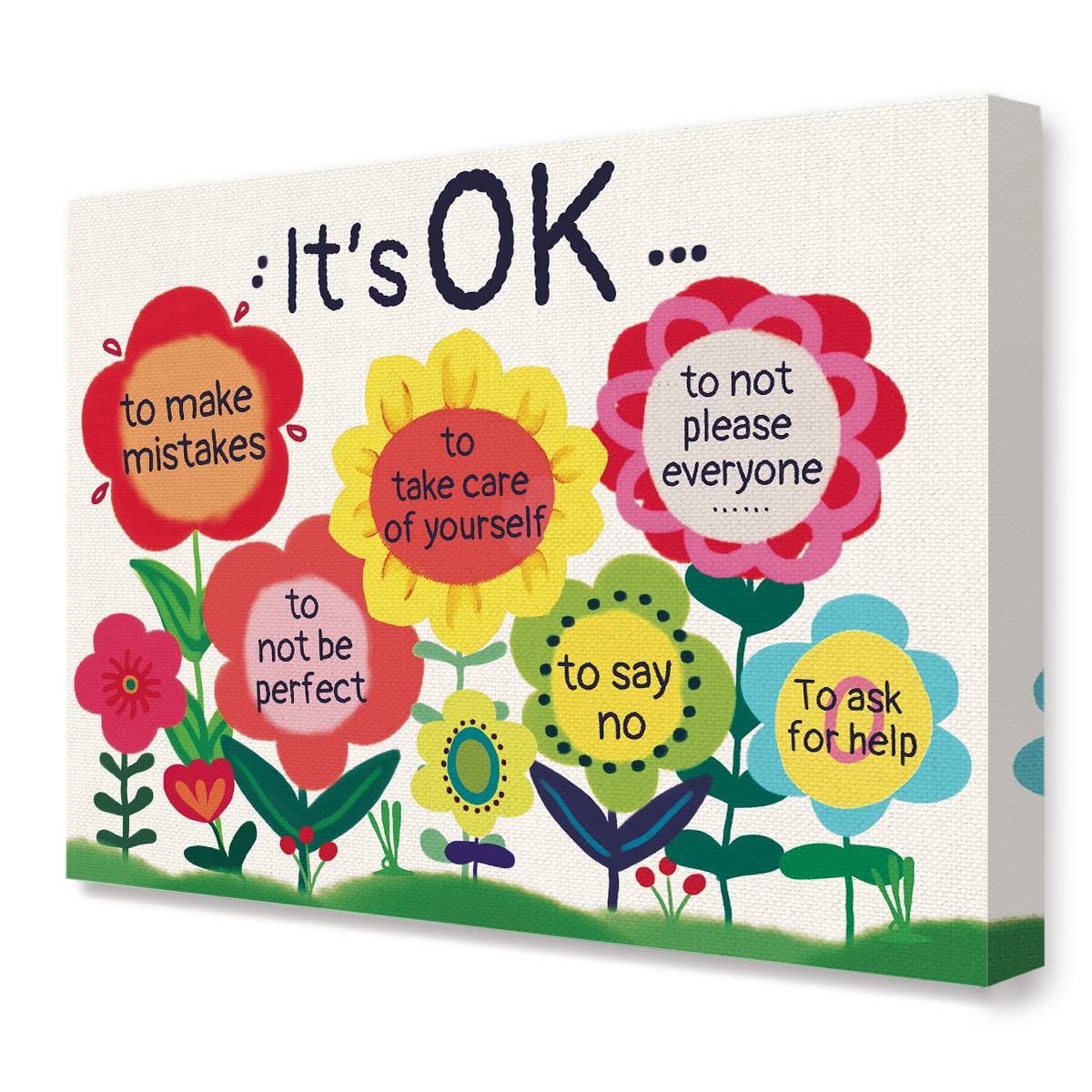 It's OK Colorful Flowers Inspirational Quote Canvas Framed Wall Art, Cute Motivational Canvas Framed Print for Teens Girls Home Bedroom Dorm Office