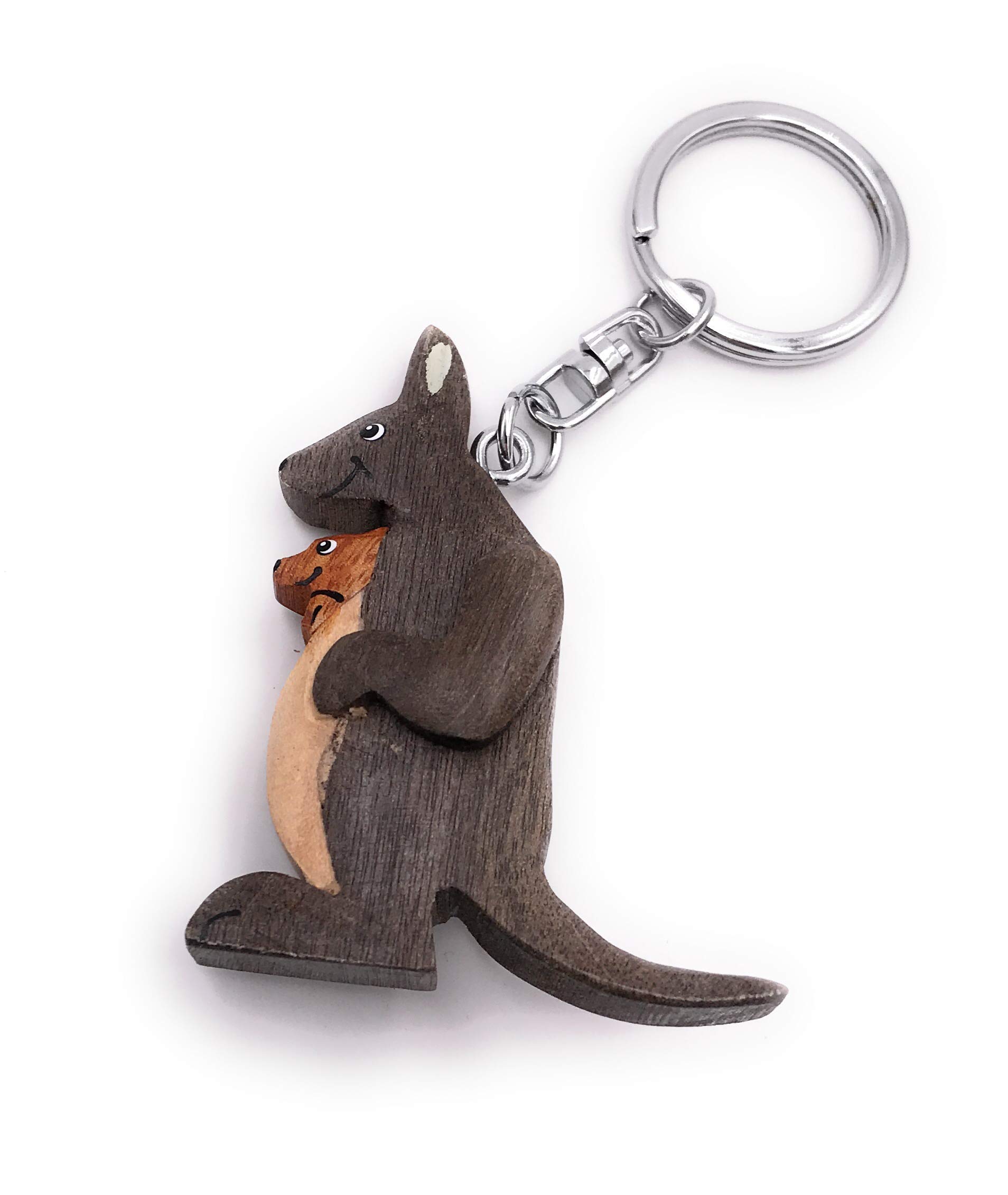 Onwomania Wooden Keychain Kangaroo with Baby Marsupial Australia Pendant Charm