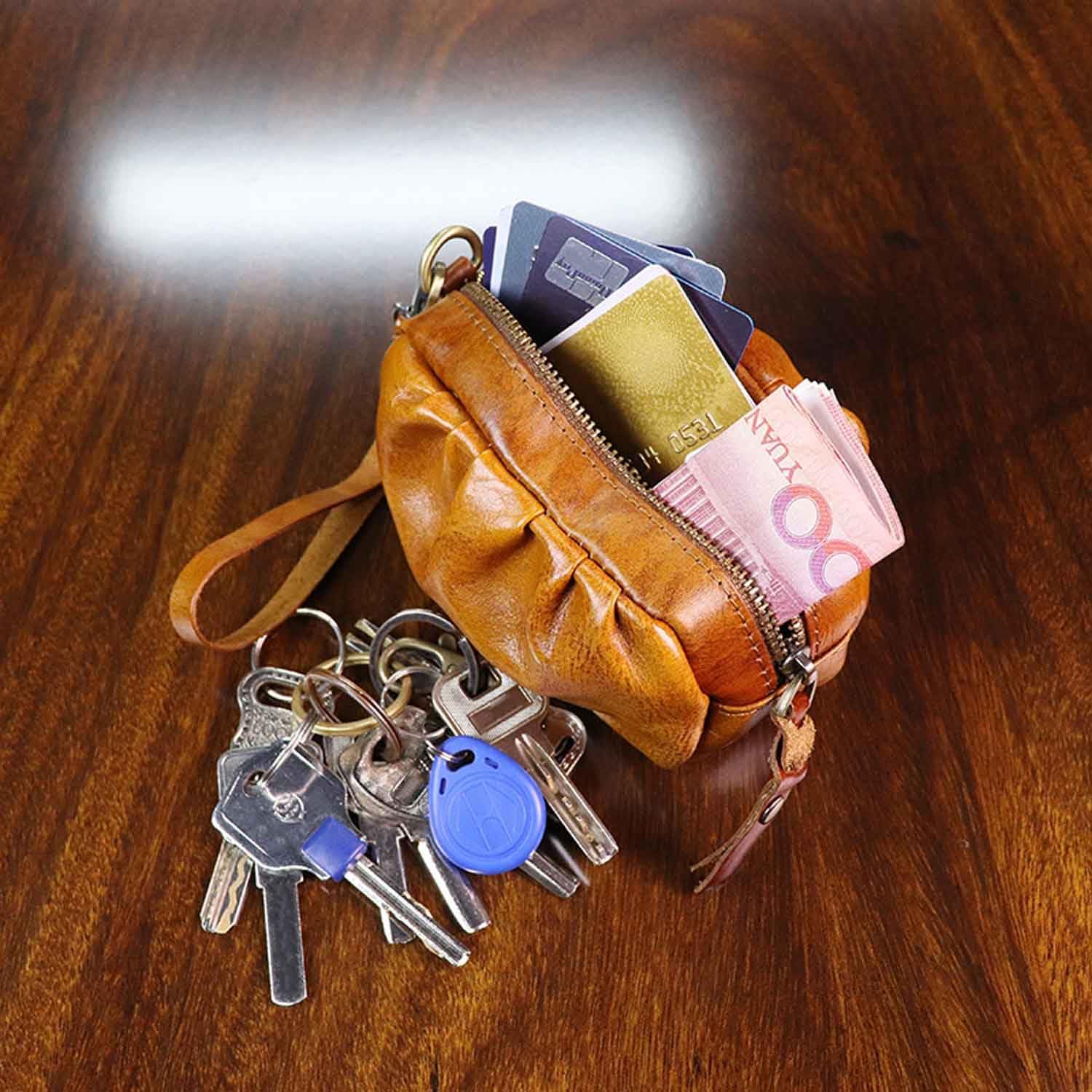 1 Pcs Vintage Pleated Coin Purse-Leather Wristlet Mini Clutch Wallet Purse-Zipper Coin Wallet for Men & Women - Image 6