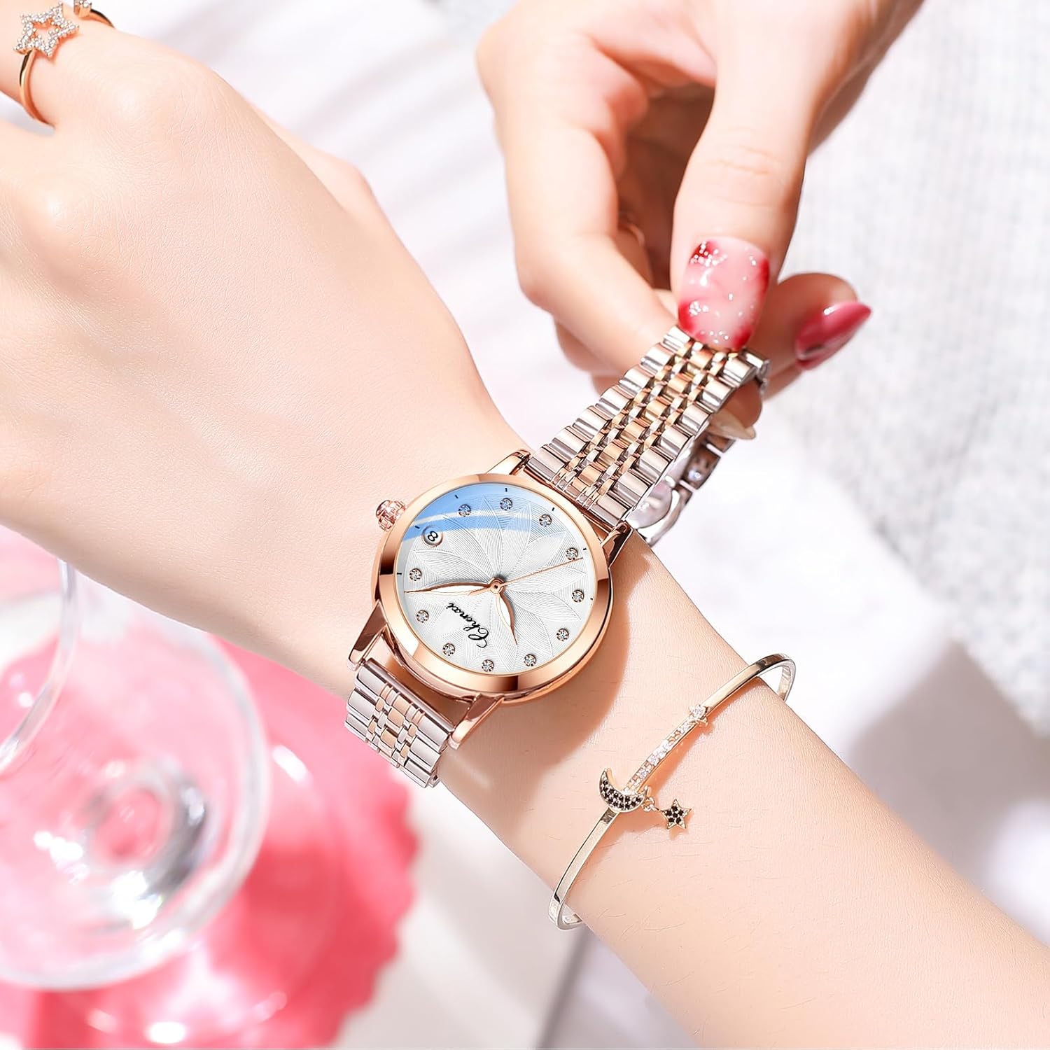 Verhux Women's Automatic Skeleton Watch Two-Tone Rose Gold & Silver Stainless Steel Waterproof Luminous Self-Winding Dress Wrist Watch for Ladies