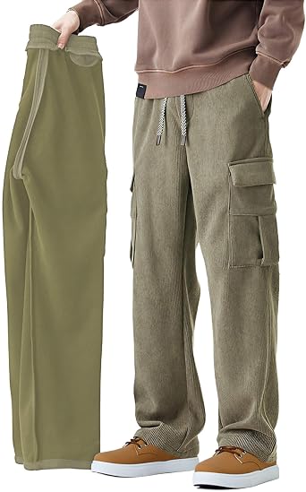 Wemaliyzd Mens Corduroy Pants Baggy Relaxed Fit Elastic Waist Drawstring Casual Cargo Trousers