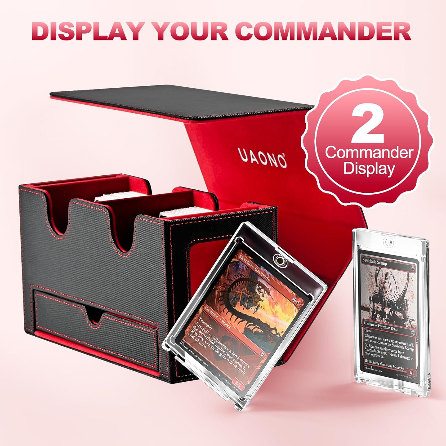 UAONO Card Deck Box for MTG, Double Card Storage Box with 2 Commander Display & 1 Dice Tray, Fits 200+ Double Sleeved Cards, Card Organizer for CCG TCG Sports Cards (Black Red)