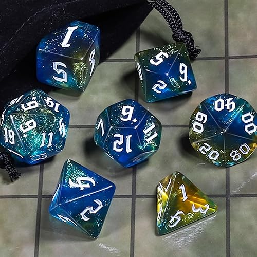 Miniatura 4 de CiaraQ DND - Juego de dados poliédricos para juegos de rol de Dungeons and Dragons RPG MTG, con 1 bolsa de dados (azul + amarillo + purpurina)
