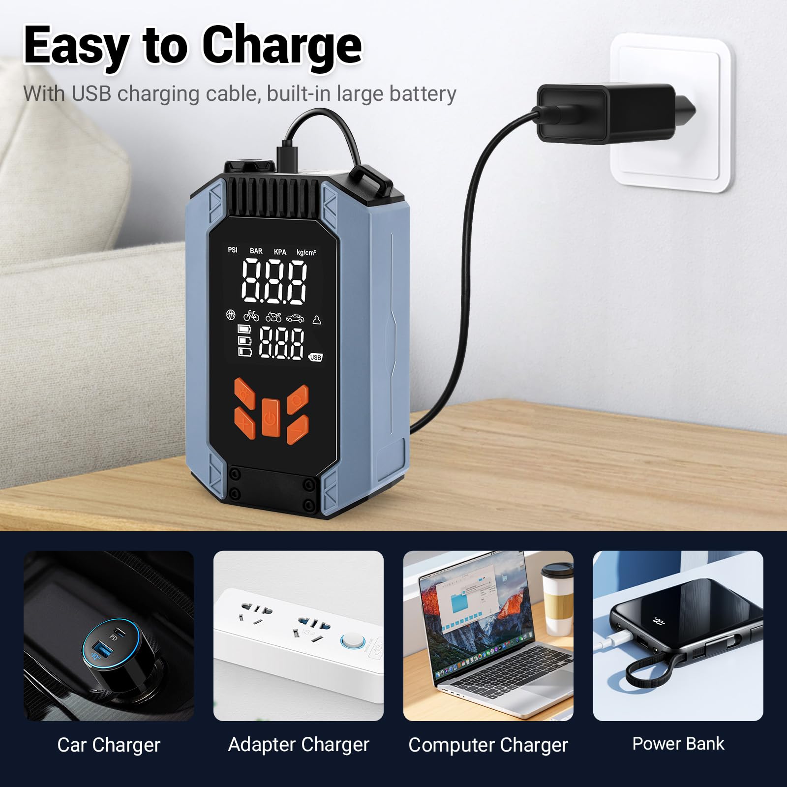 UCAMP Compressore à Aria Portatile, Mini Pompa Elettrico Portatile con 4000mAh USB C 4 Modes 150 PSI, Inflazione Rapida, Luce LED e Arresto Automatico, per Auto, Moto, Bicicletta, Palla