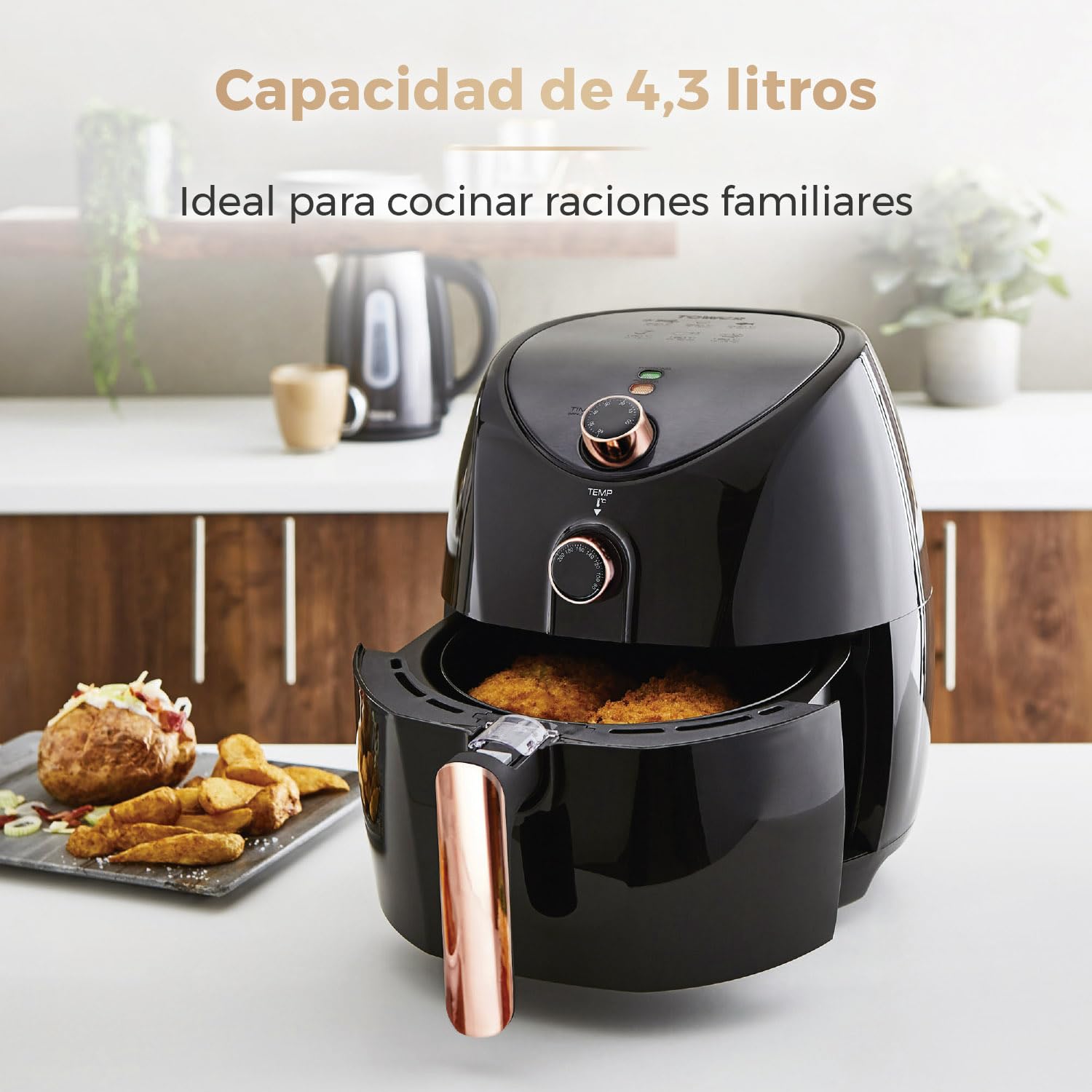 Tower T17021RG Freidora de Aire Tamaño Familiar: Air Fryer con Circulación de Aire Rápida y Temporizador de 60 Minutos: Freidora Sin Aceite de 4.3 L, 1500 W, Negro Oro rosa