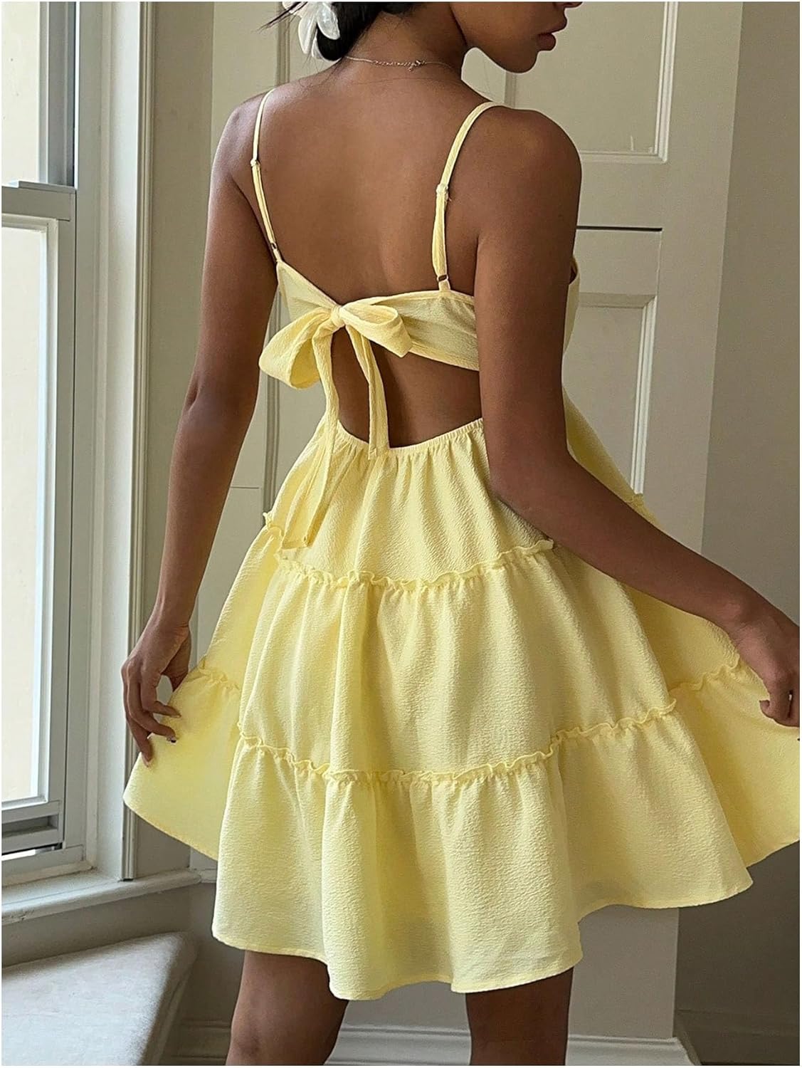 SHENHE Women's Summer Babydoll Dress Spaghetti Strap Tiered Ruffle Swing Flowy Beach Sundress - Image 2