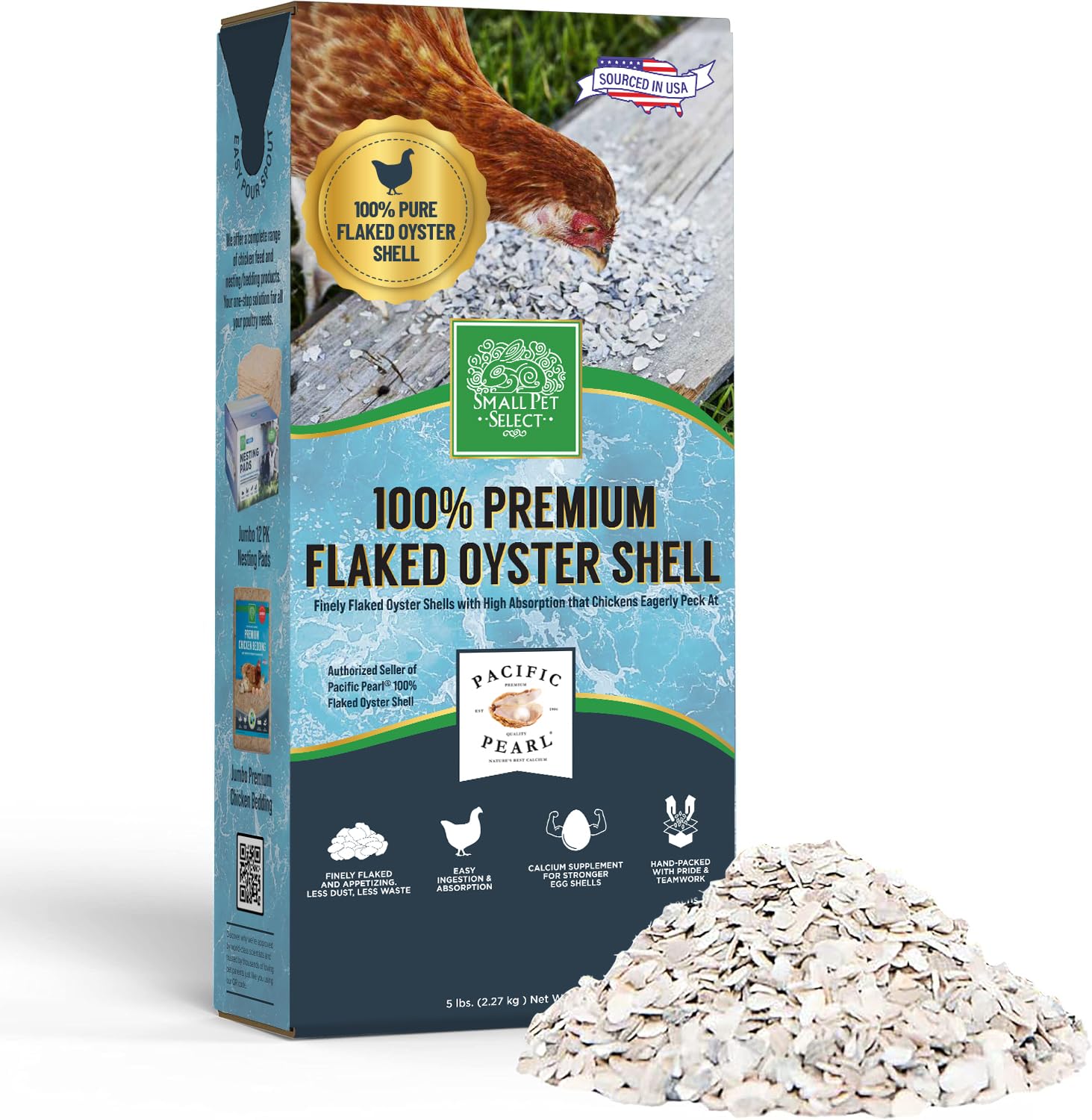 Small Pet Select - 100% Flaked Oyster Shell, Calcium Supplement for Chickens, and Ducks, 5lb