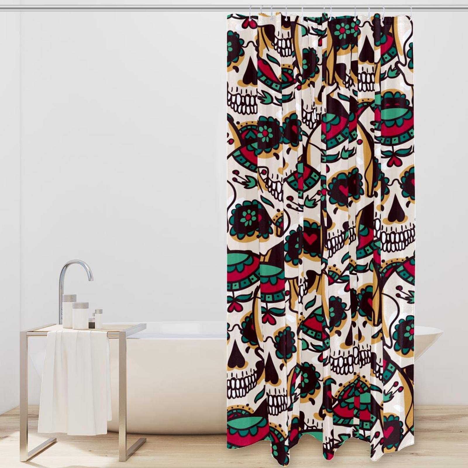 Mitpok Divertente tenda da doccia scheletro, 60 x 72 cm (larghezza x altezza), teschio gotico in vasca da bagno, teschio gotico, gatto, pesce, retrò, spaventoso, horror, spaventoso, decorazione per il