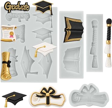 Graduation Silicone Molds, Graduation Chocolate Molds, Grey Silicone Grad Cap Honor Cords Diploma Scroll Fondant Mold Grad Candy Chocolate Mould for Graduations Party Cookie Cake Cupcake Decorations
