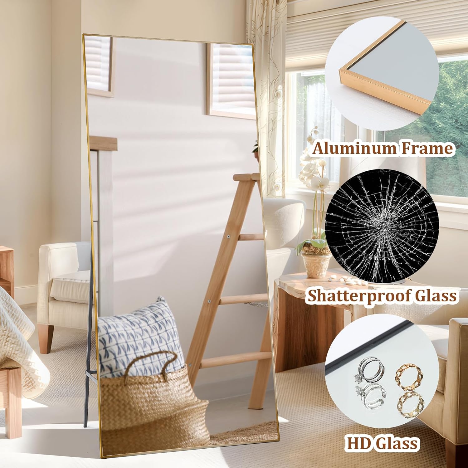 Garvee Full Length Mirror 76 * 34, Oversized Full-Body Hanging or Leaning Rectangle Mirror, Aluminum Alloy Thin Frame Floor Mirror for Bedroom, Living/Dressing Room, Gym, Gold