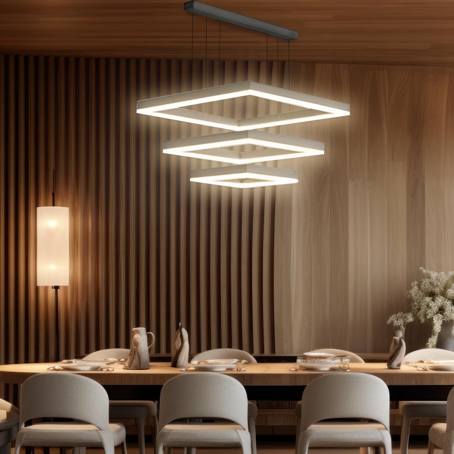 Lampadario Led a Sospensione Soffitto Design Moderno Quadrato Luce Calda Fredda Dimmerabile Con Telecomando e App Cellulare Lampada Soggiorno Salotto Cucina Camera Da Letto 5500LM 90W 60 Cm Nero