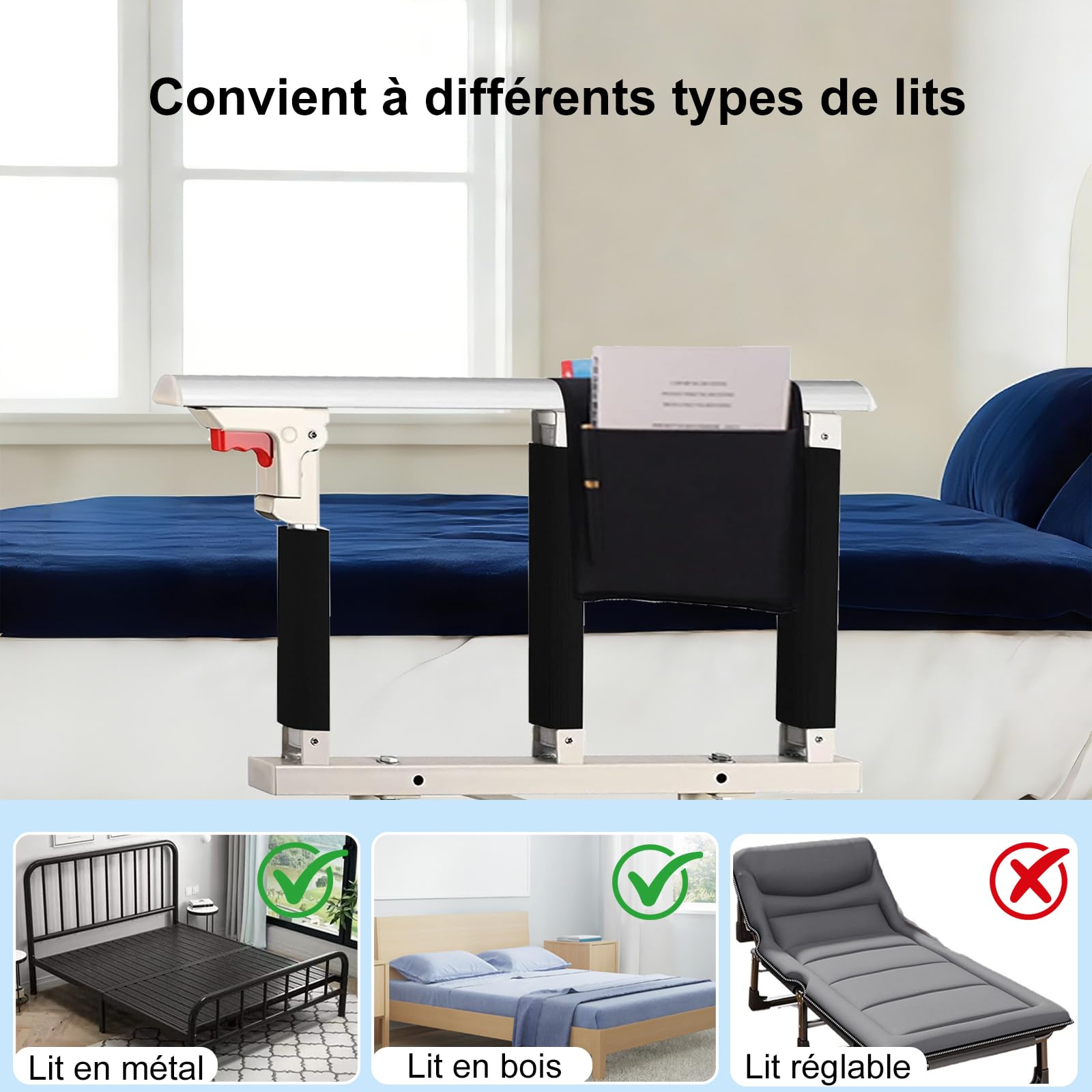 Barrière de lit, Pliable, pour Personnes âgées, Adultes, Aide à la poignée, Garde-Corps de lit Handicap, hôpital, avec Sac de Rangement, Blanc (70 x 40 cm)