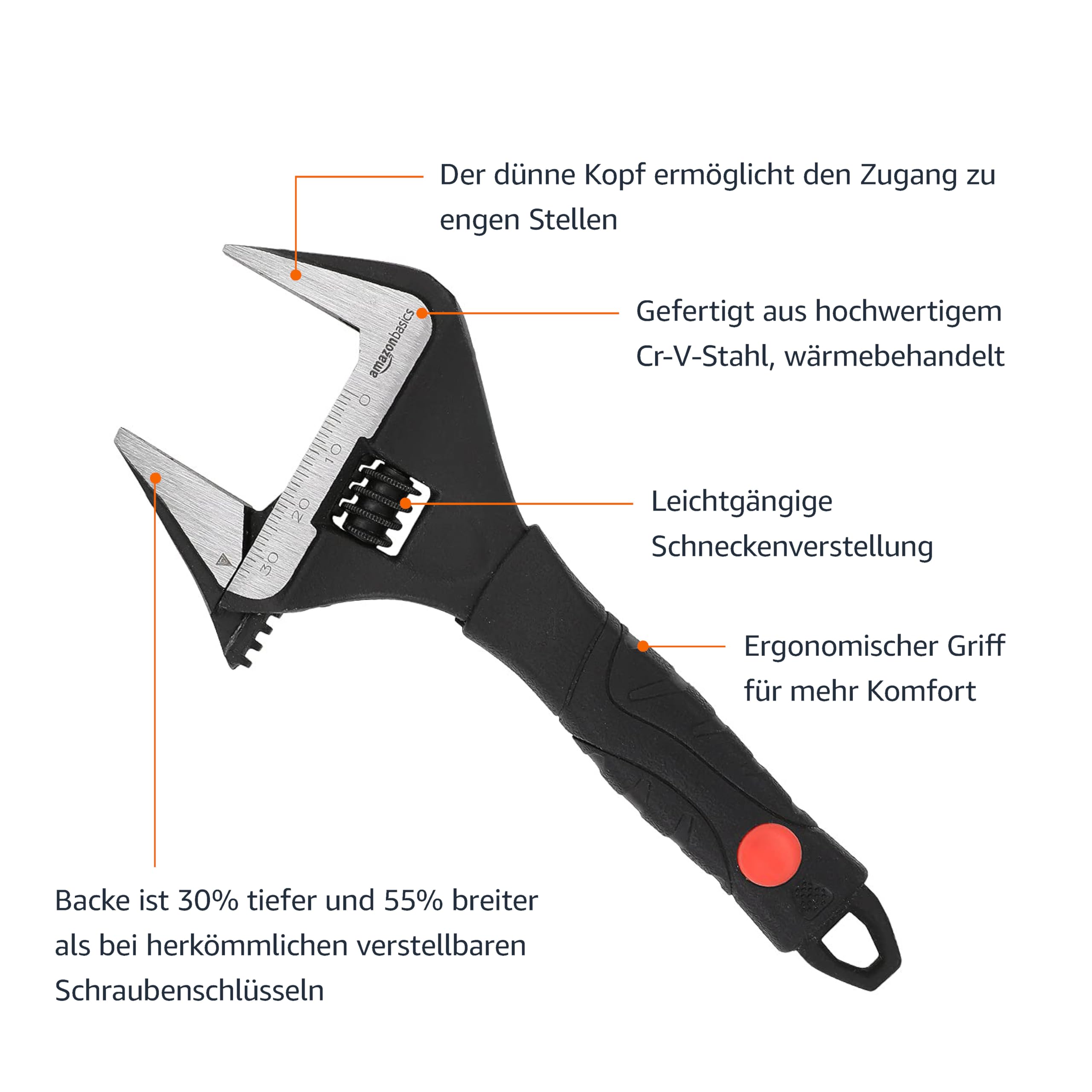 Amazon Basics Maulschlüssel, verstellbar, breit, mit weichem Griff, 16,1 cm x 7,2 cm x 1,5 cm (L x B x H)