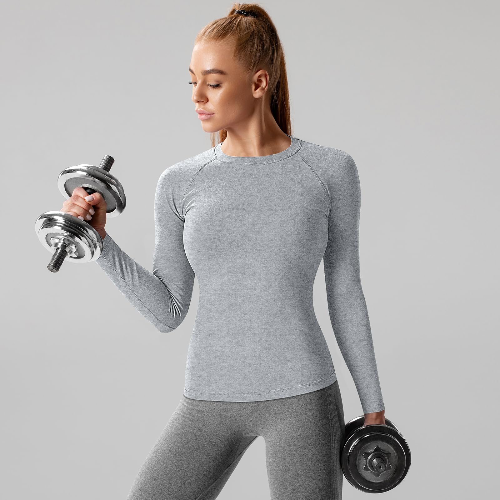 Coume Lot de 4 t-shirts de compression à manches longues et col rond pour femme - Séchage rapide - Pour gym, course à pied, sport athlétique
