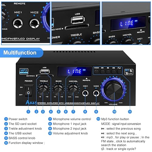 Miniatura 7 de AK45 Bluetooth 5.0 Amplificador de potencia 2.0CH 40W x 2 Salida Max 400W Subwoofer Amplificador de audio de alta fidelidad Receptor de amplificador