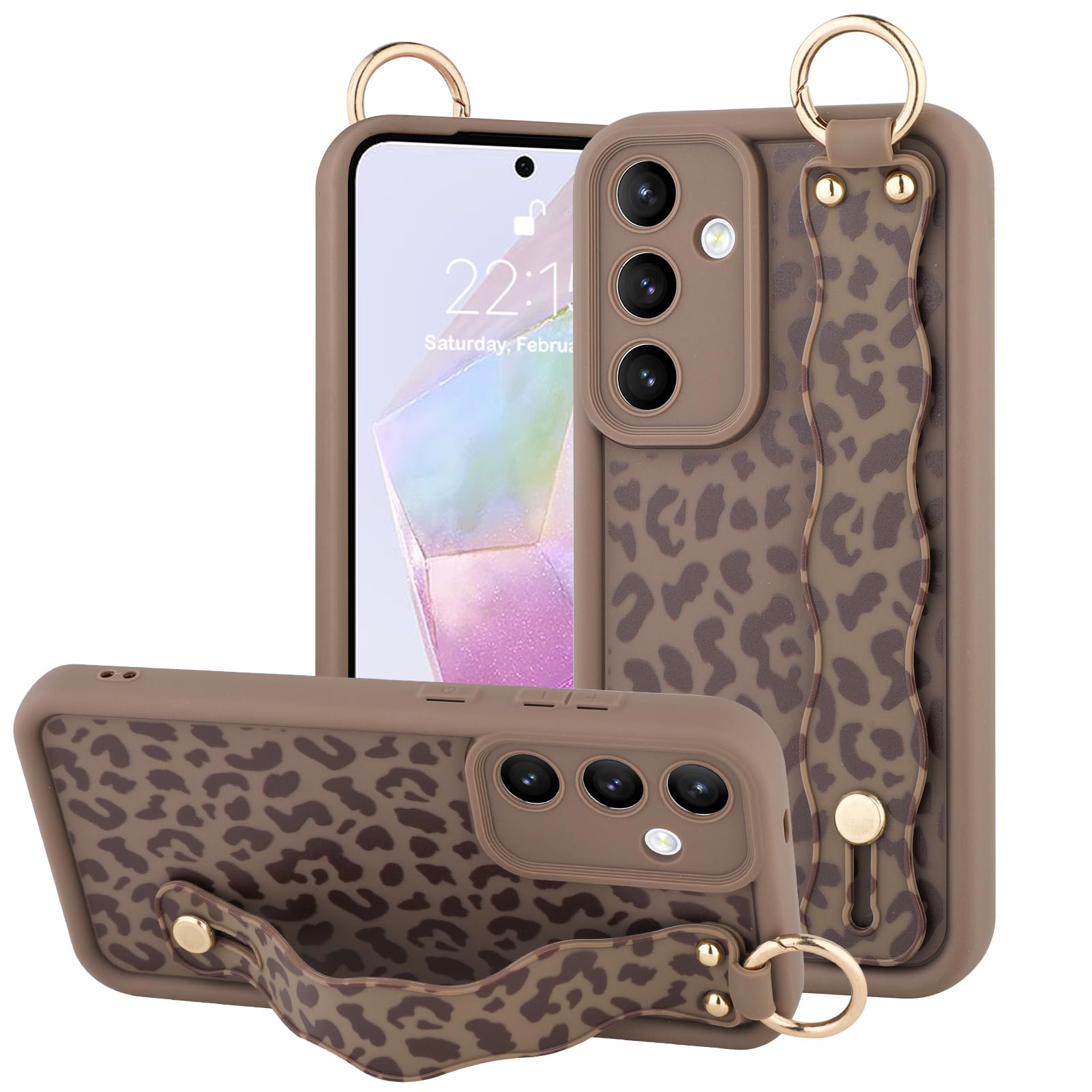 OOK Compatible with Samsung Galaxy A35 5G Leopard Case with Wrist Strap, Brown Leopard TPU Shockproof Protection Slim Cover with Camera Protection for