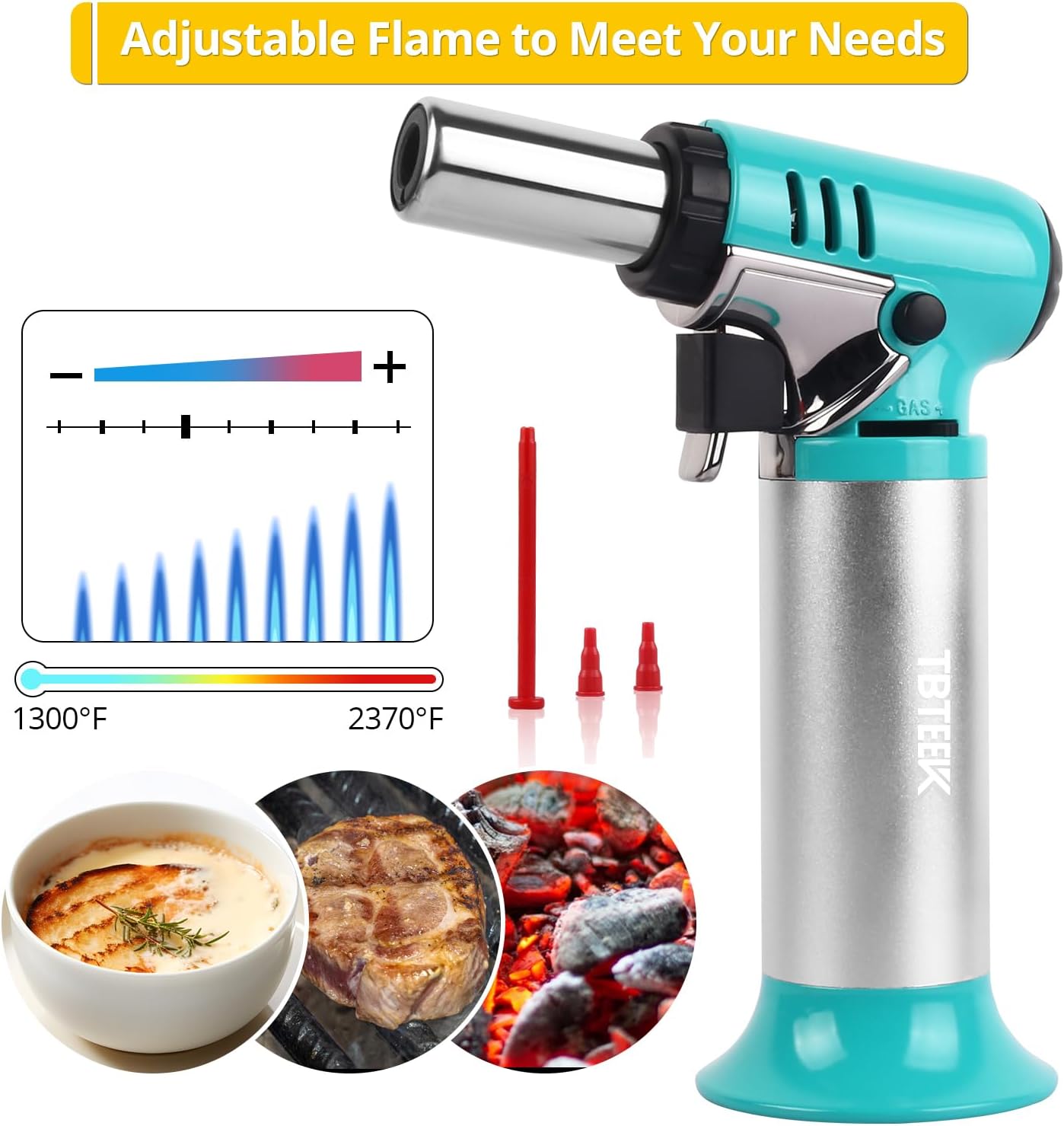 TBTeek Kitchen Torch with Butane Included, One-hand Operation Cooking Torch Lighter with Butane Refill for BBQ, Baking, Brulee Creme and Soldering, Aqua(2 Can)