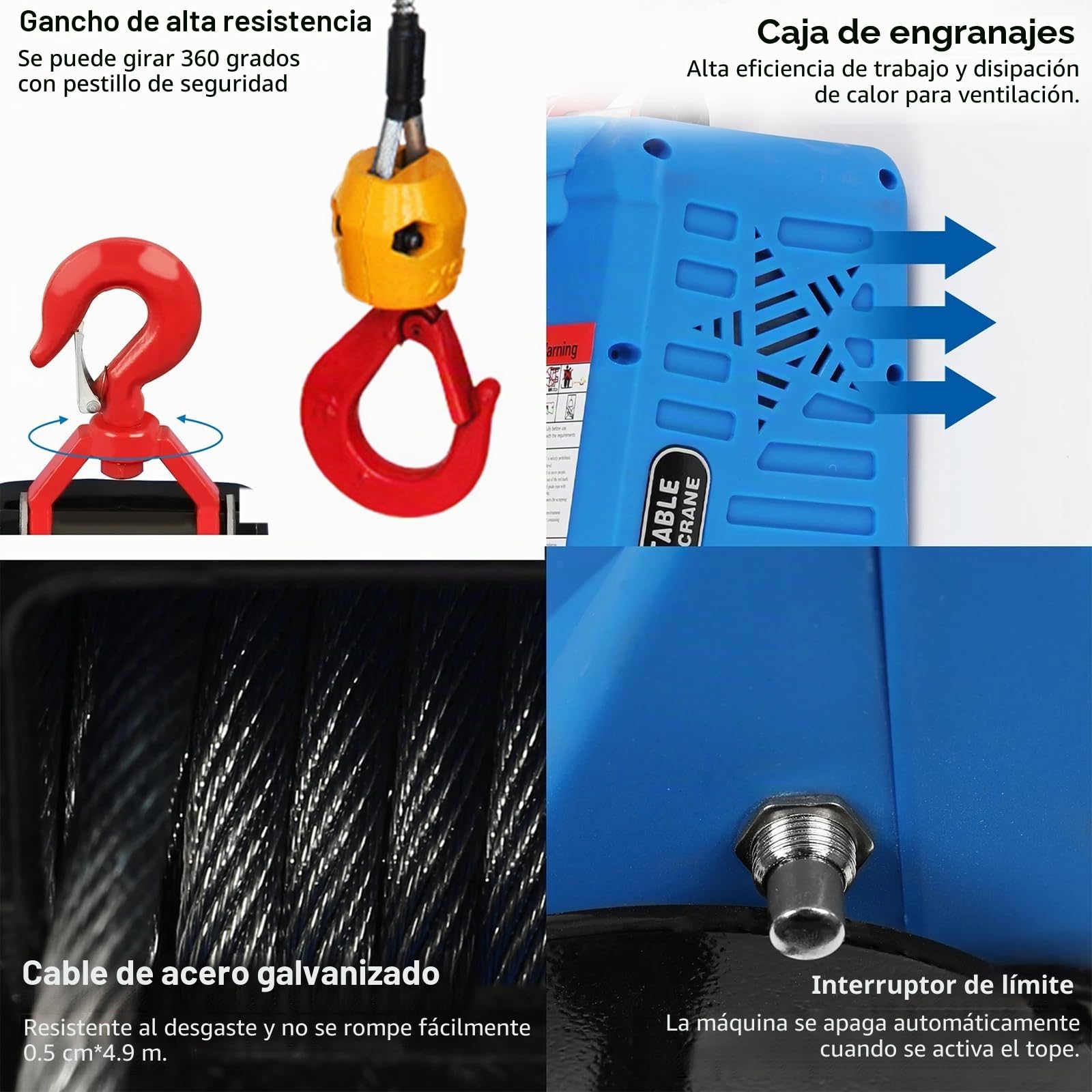 Polipasto Eléctrico 500KG, 1500W Montacargas Eléctrico para Elevación, 3 en 1 Cabrestante Eléctrico Portátil con Remoto Inalámbrico para casa garajes almacenes, 5M/Min, Eslinga de 7.6m