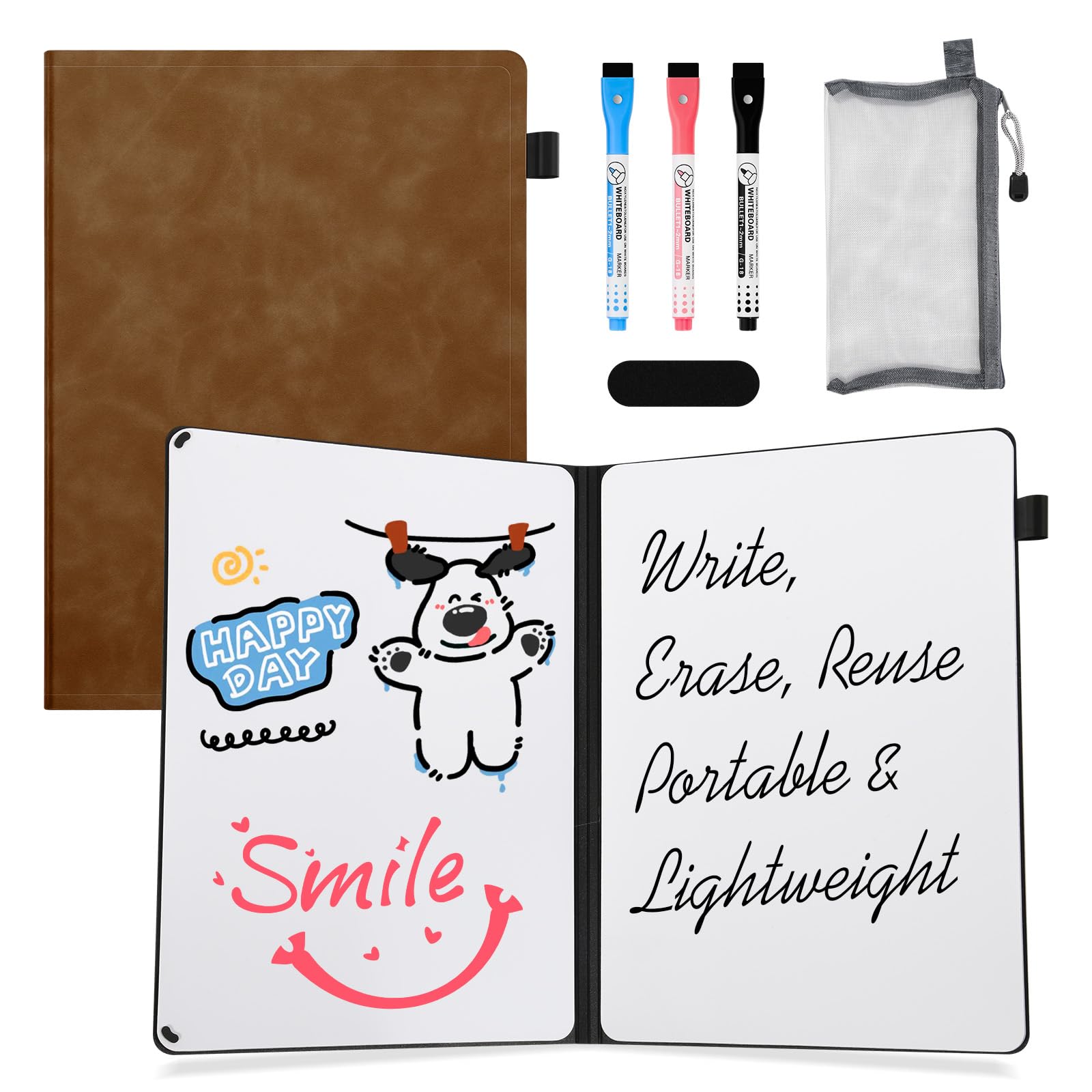AGM Portable White Board Dry Erase Notebook, 12" x 9" Double Sided Folding Whiteboards with 3 Pens, Small Travel Dry Erase Board Skin-Friendly
