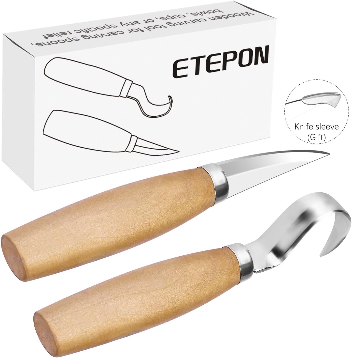 Wood Carving Tools Set Knifes for Spoon Carving, Whittling Knife + Hook Knife + Detail Knife + Sharpening Leather Strop + Polishing Compound in a Portable Canvas Bag Roll ET014