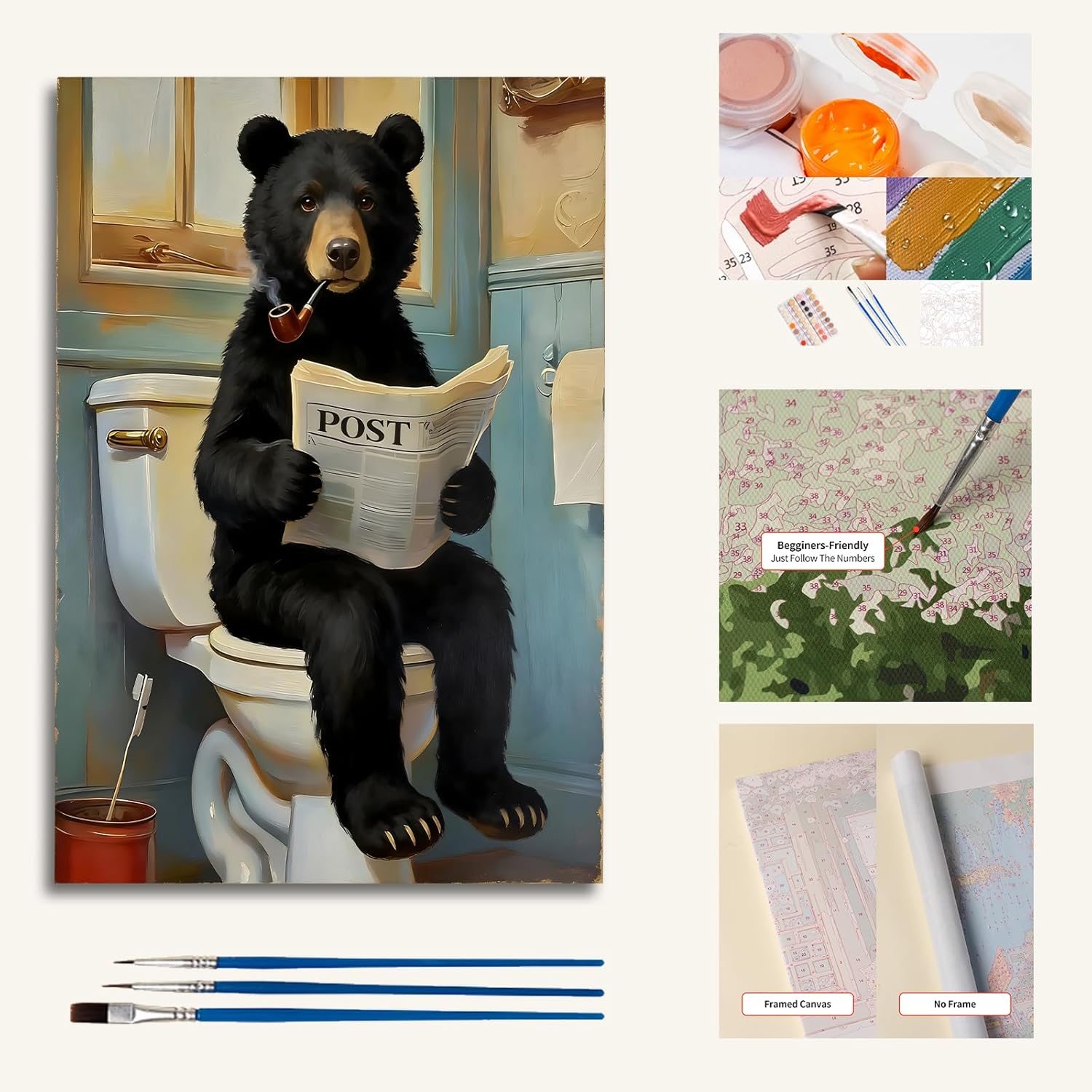 Pet Toilet Paint by Numbers Kit for Adults, Paint by Number for Beginners, Adult Paint by Number Kits for Gifts and Home Wall,Decor 16x20 Inch,Includes Some Optional Frames. (Frame, Pet 7)