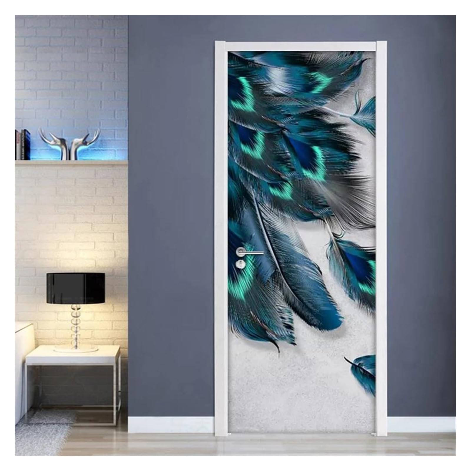 Papier peint de porte plume colorée 3D autocollant mural étanche grand format 95x215